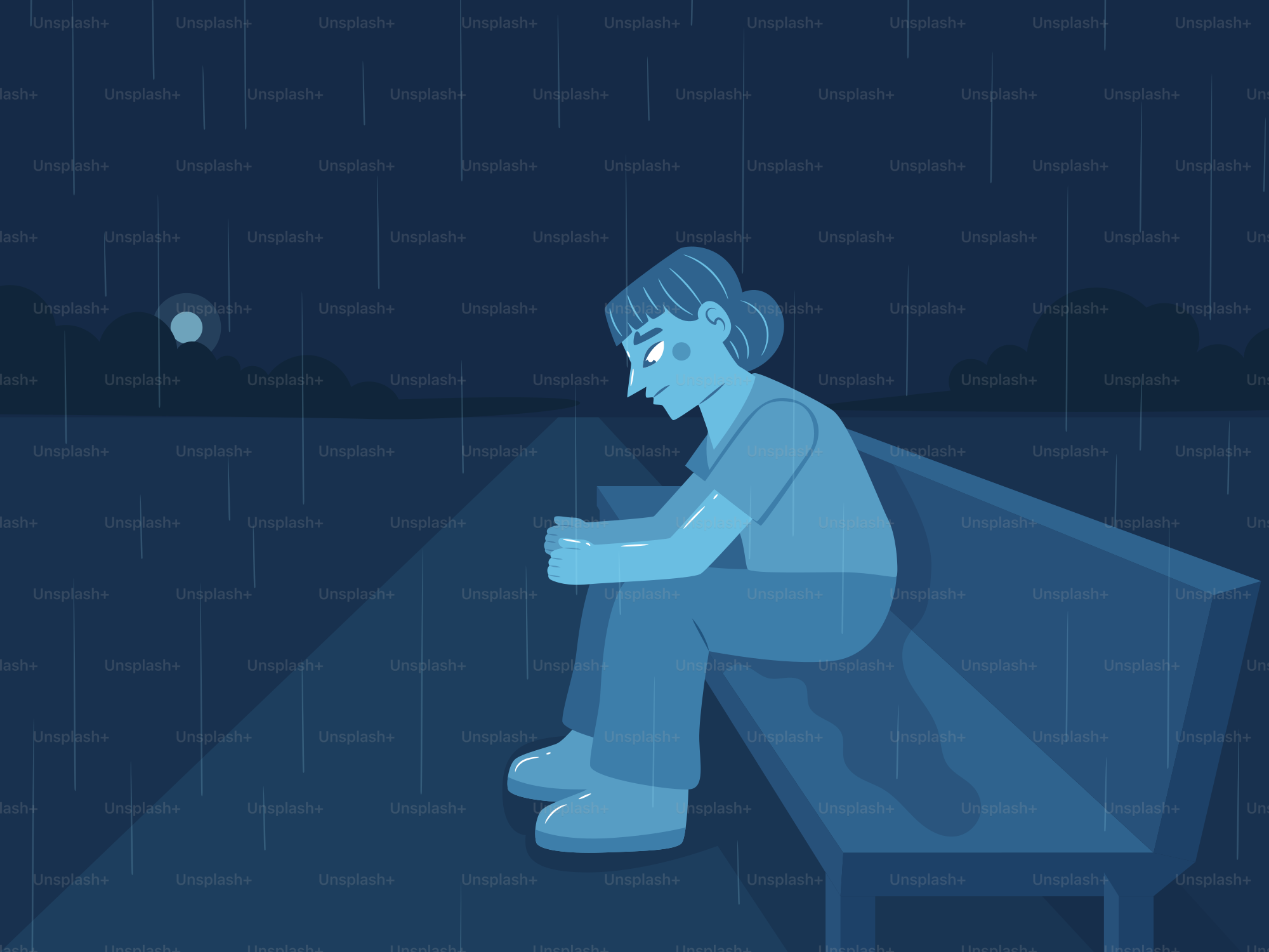 Person sitting alone on a bench in the rain.