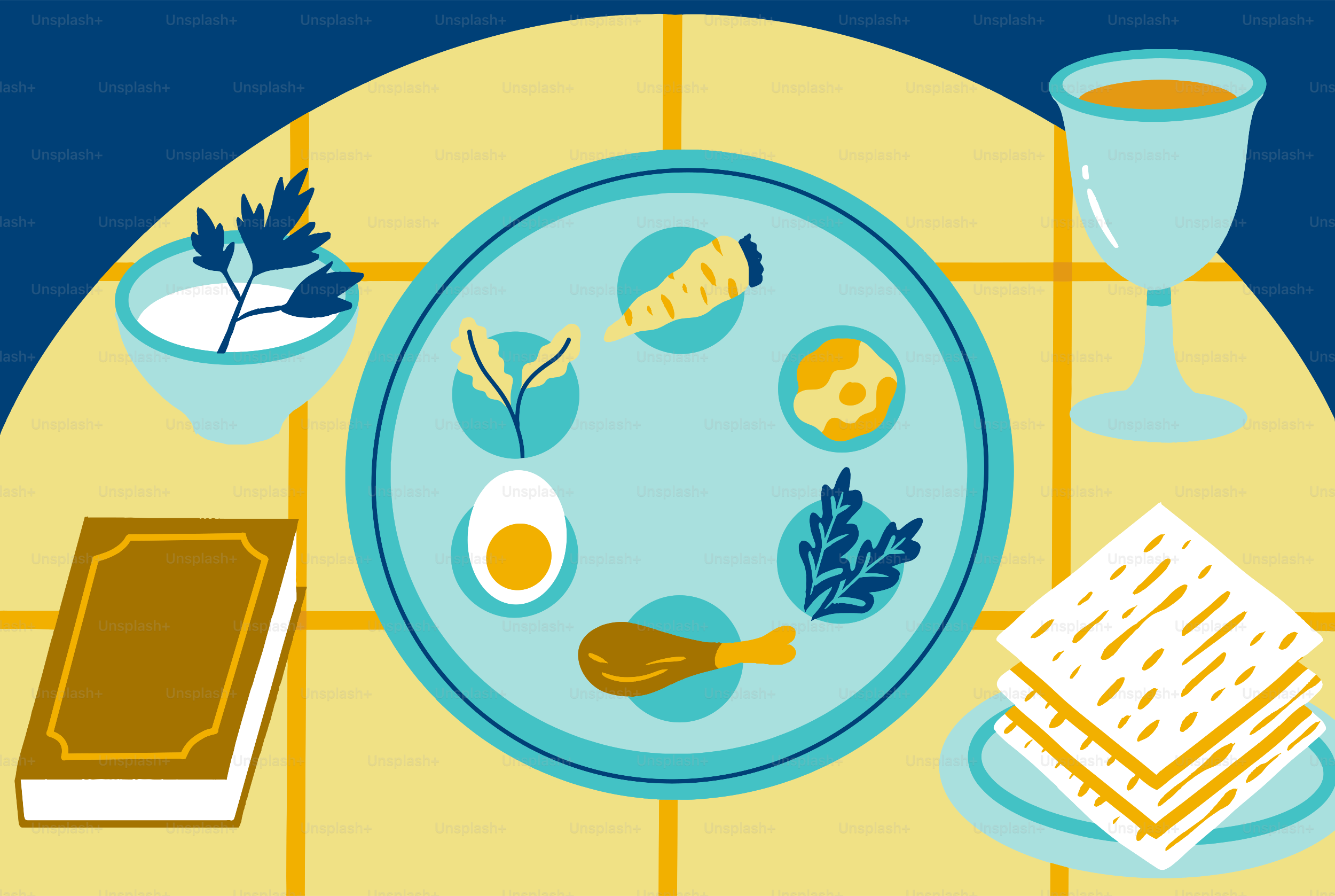 Piring Seder dengan matzah, anggur, dan buku