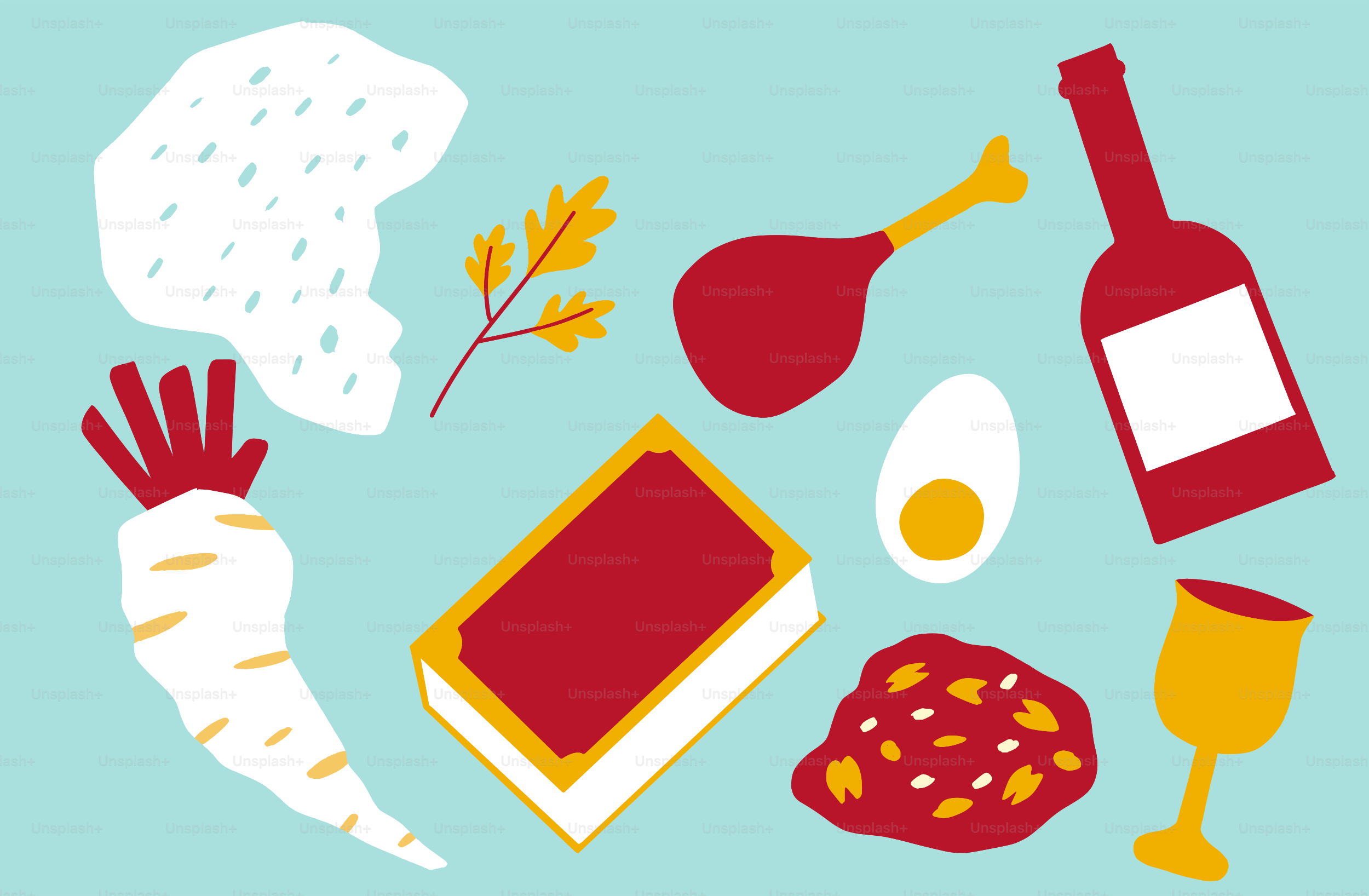 Berbagai item piring seder Paskah disusun dengan latar belakang biru.