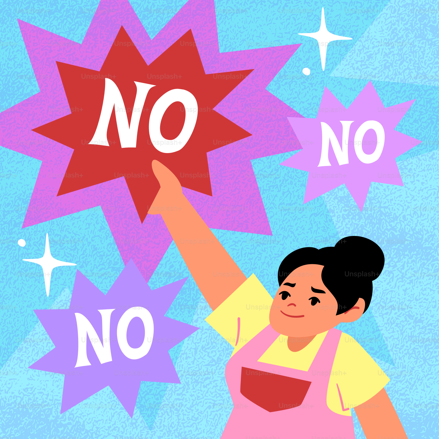 Woman rejecting multiple offers with a smile