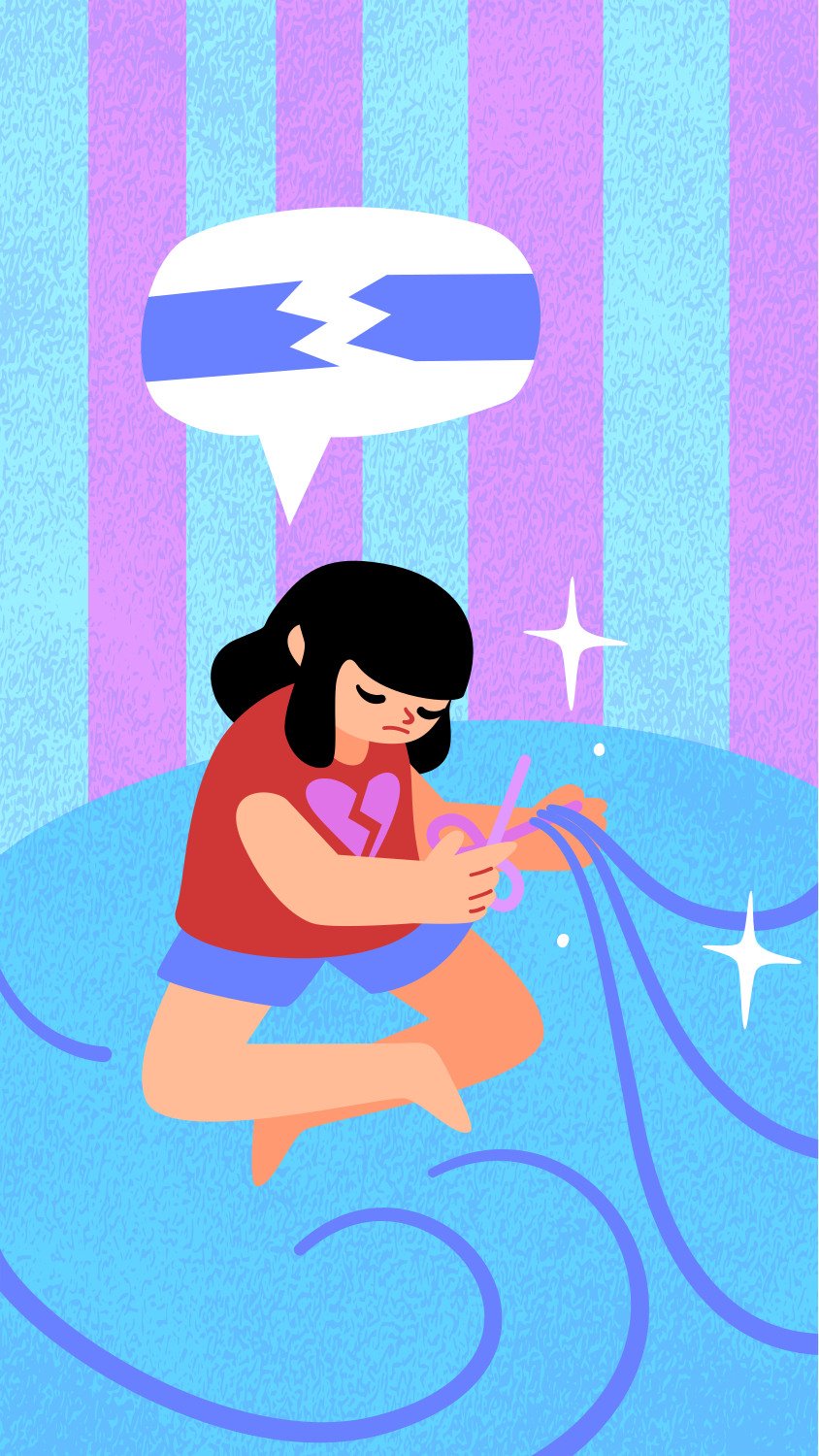 Girl cutting purple strings with scissors, broken heart symbol.
