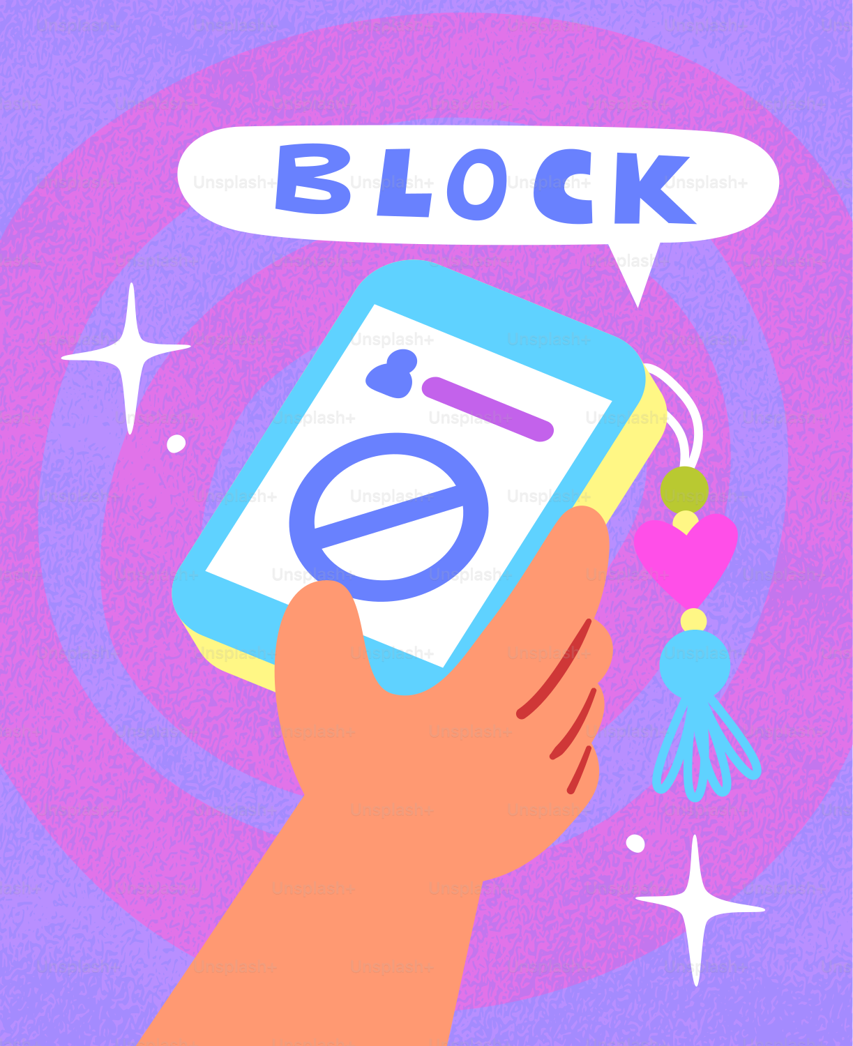 Hand holding phone with block symbol and text.