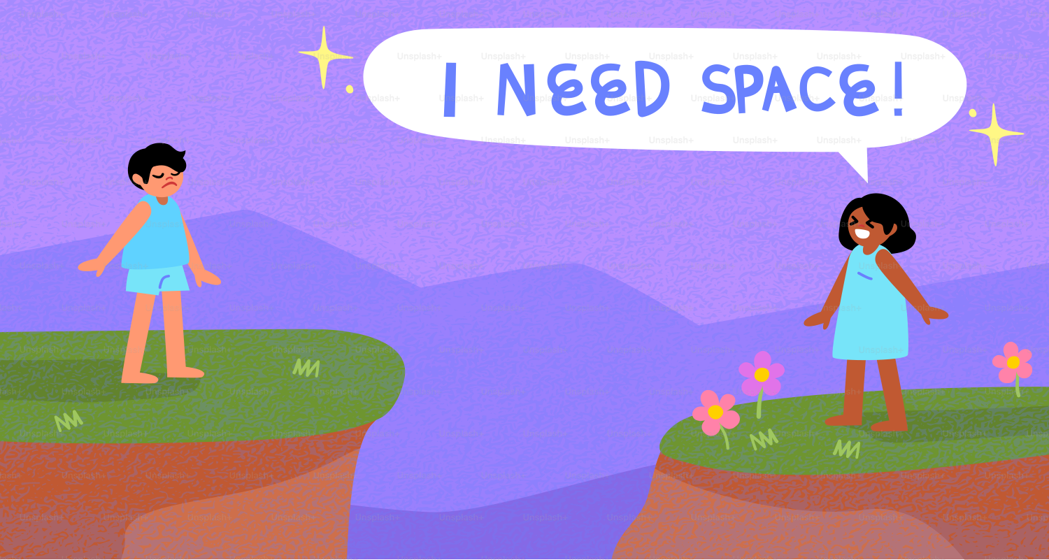 Two people standing apart on cliffs with text bubble.