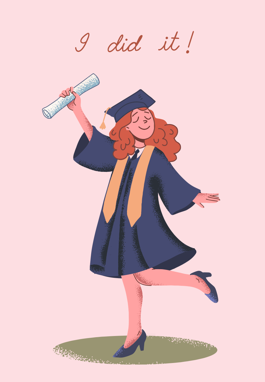 帽子とガウン姿の幸せな卒業生が卒業証書を手にしている