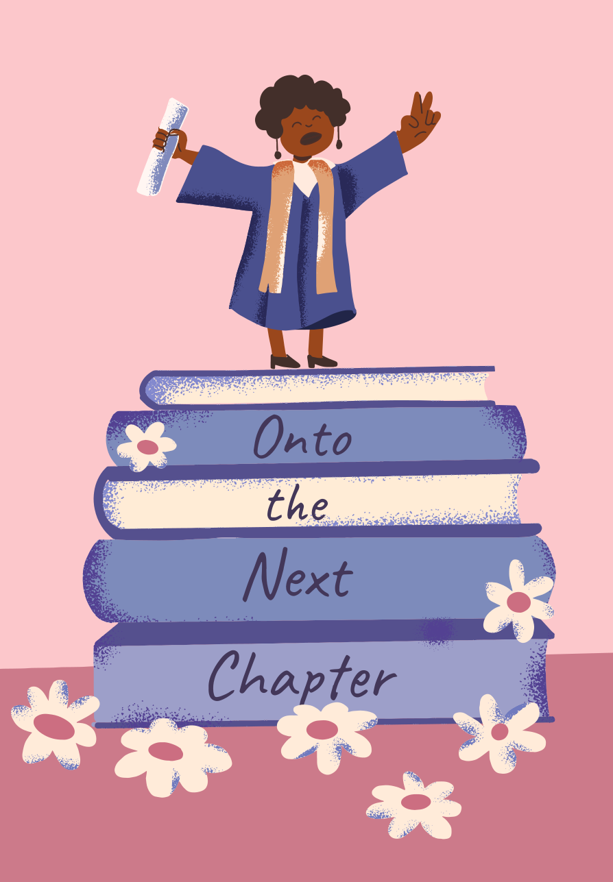 卒業生が卒業証書を持って本の上に立つ