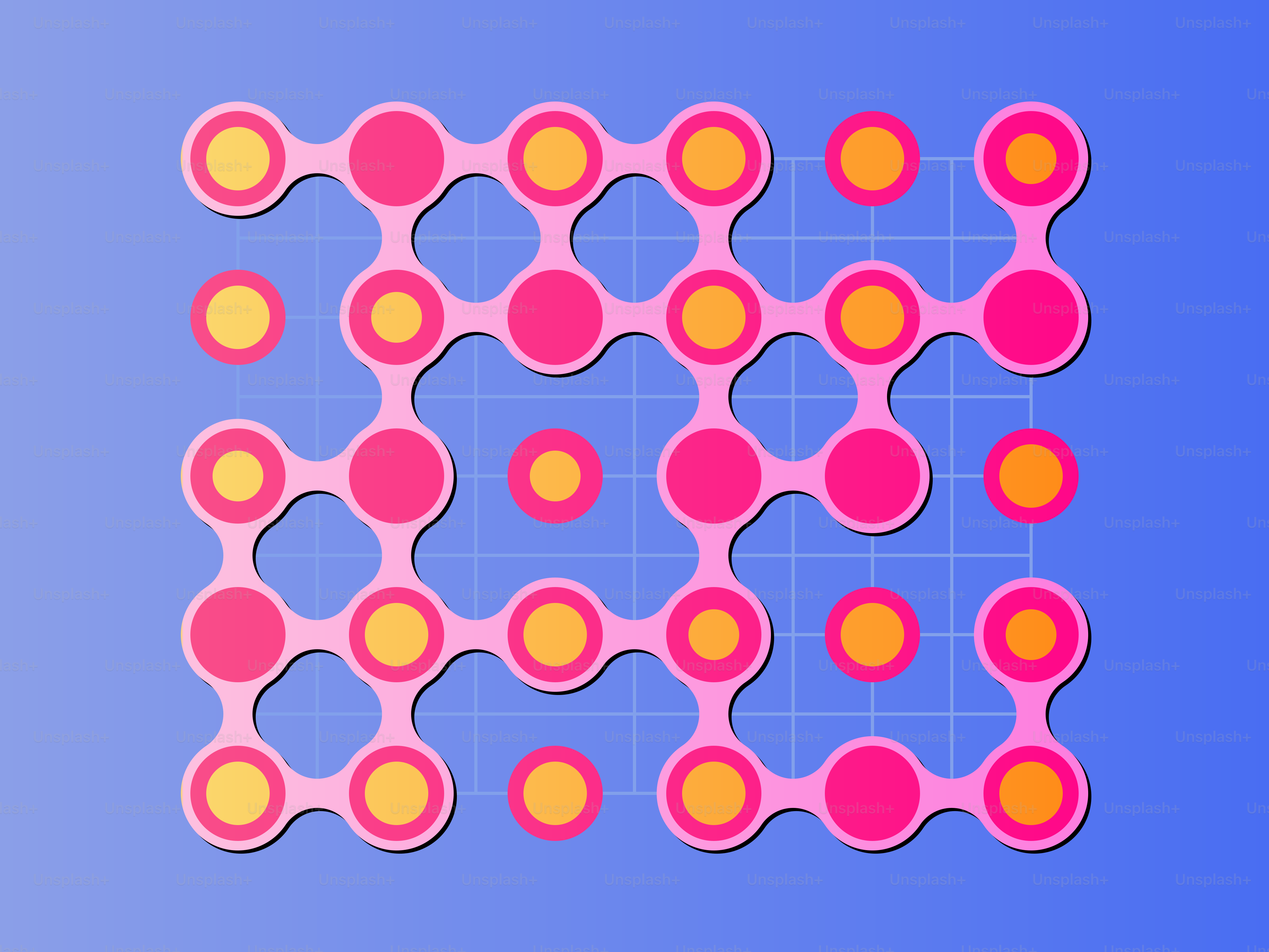 Puntos rosas y naranjas conectados en una cuadrícula.