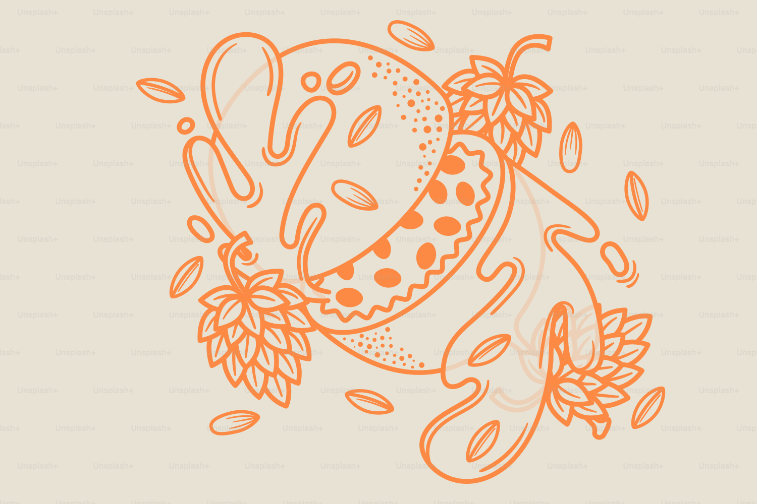 Orangefarbene Linienzeichnung von Hopfen, Körnern und Spritzer