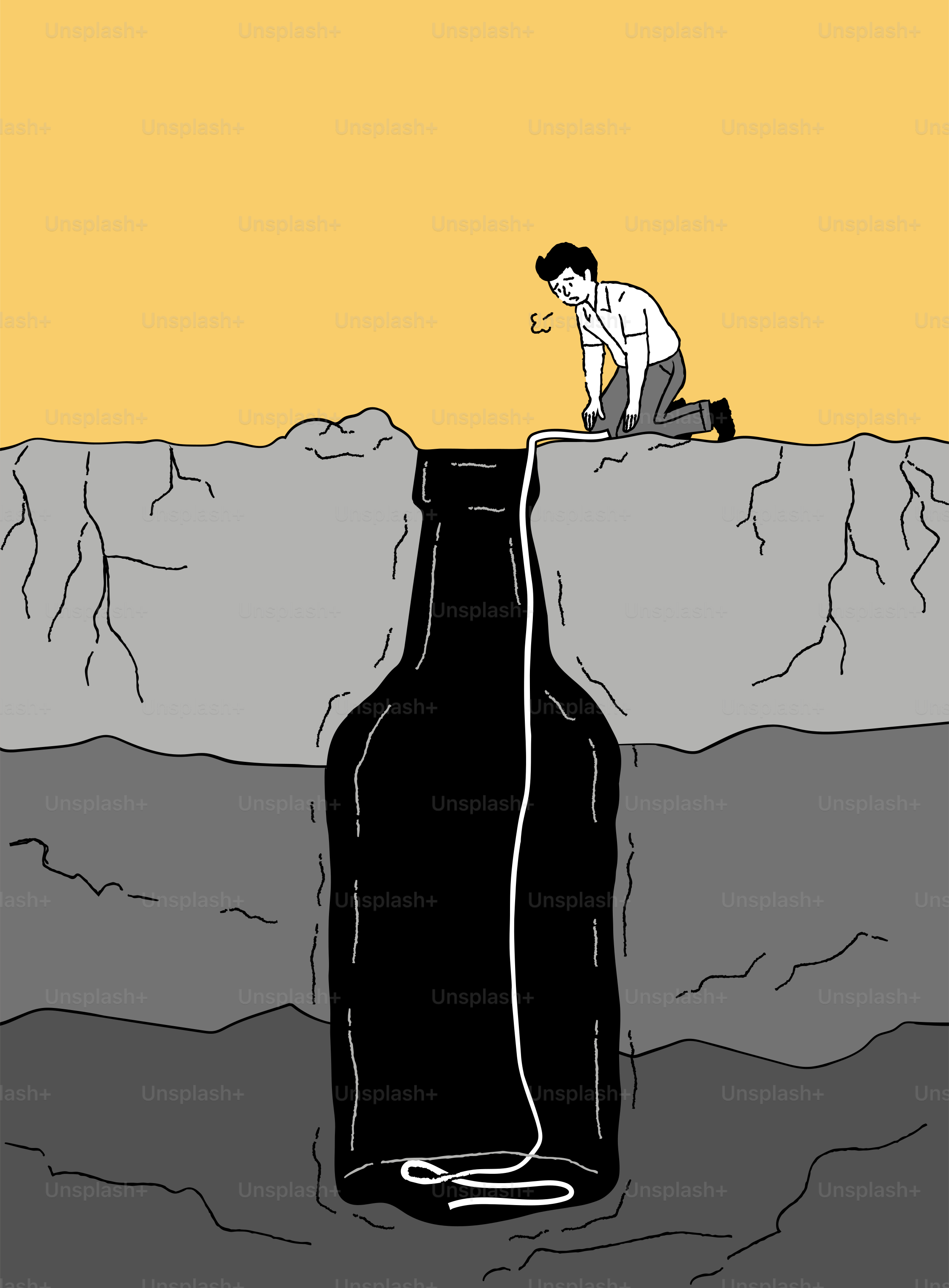 Man pulls rope from giant bottle in ground