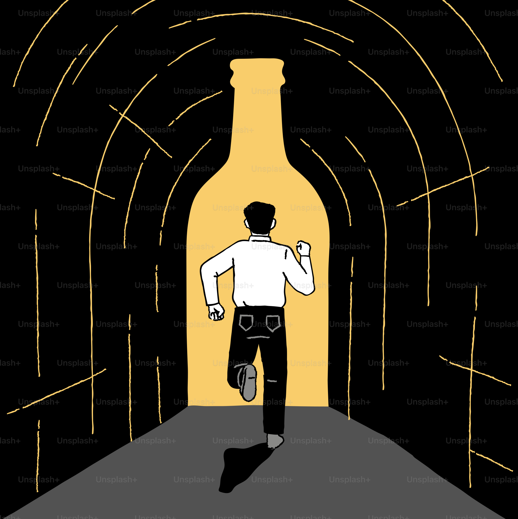 Man running towards a bottle-shaped light