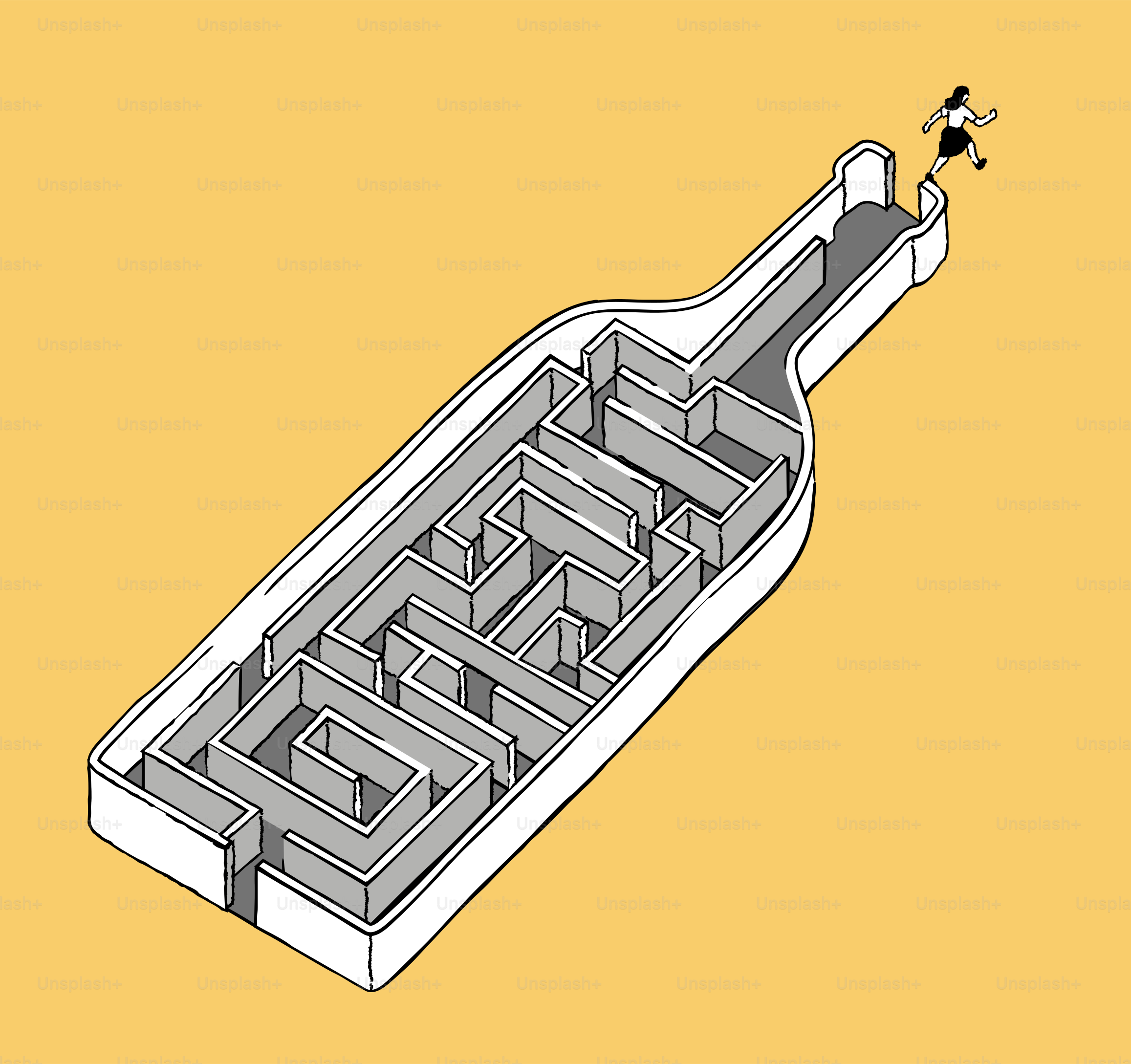 Woman running out of a bottle maze