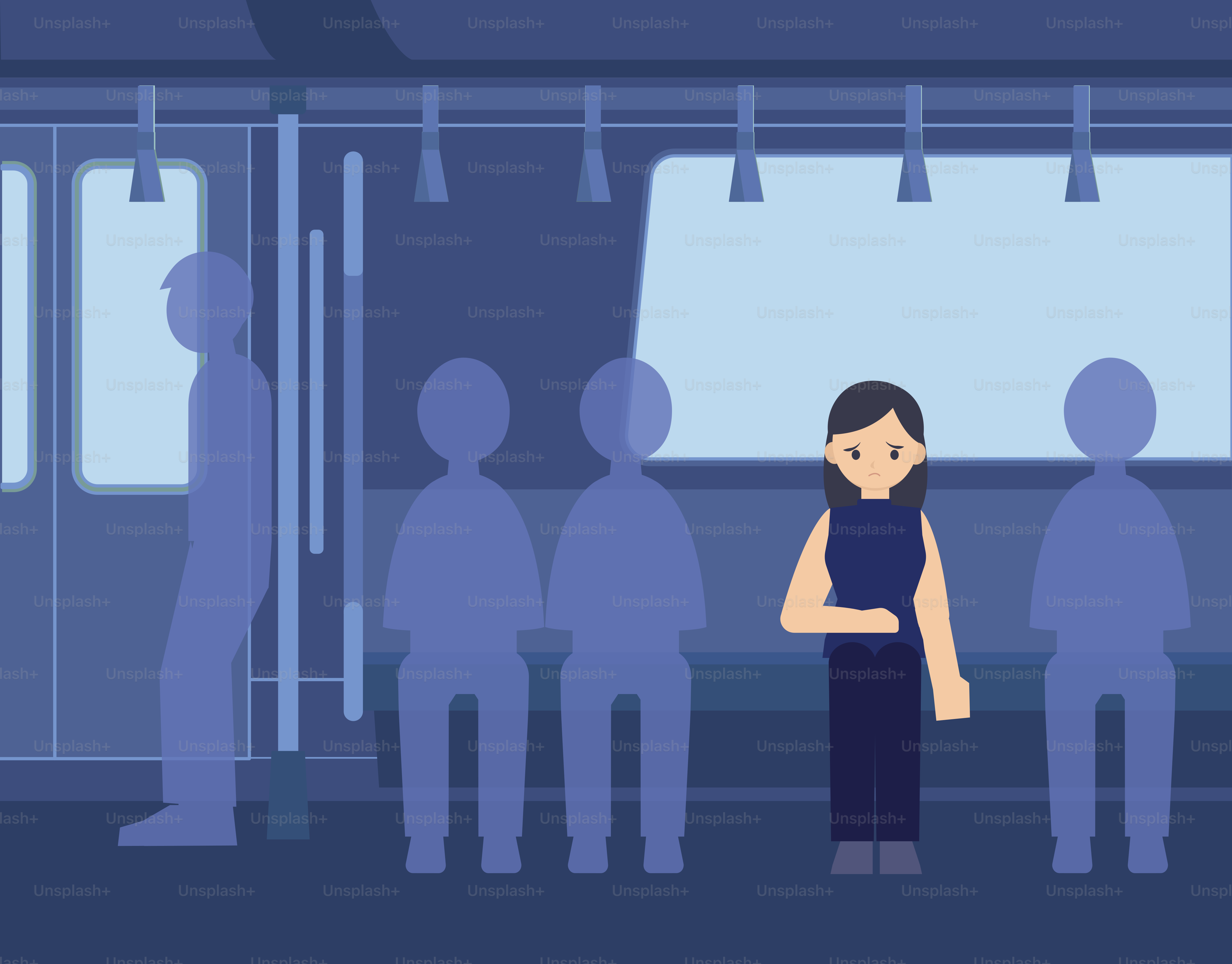 他の乗客と一緒に列車の車両内に立つ女性