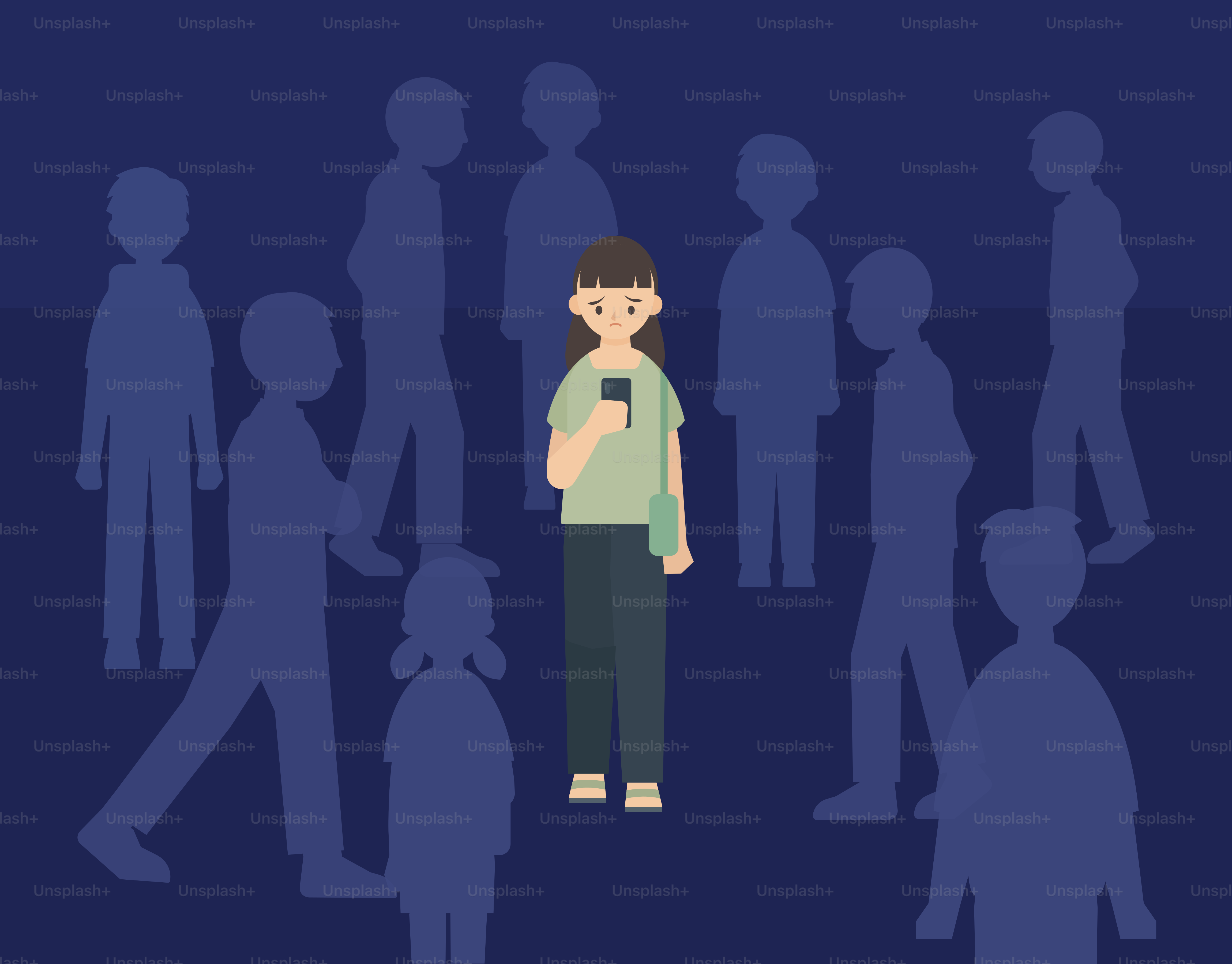 影のような人影に囲まれて携帯を見ている女性
