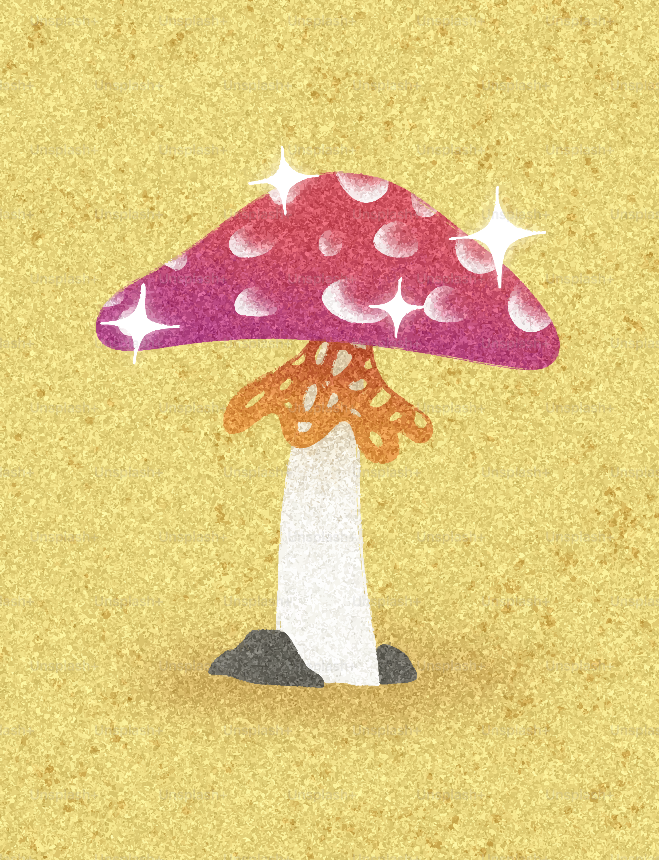 A sparkling red and white mushroom on a yellow background