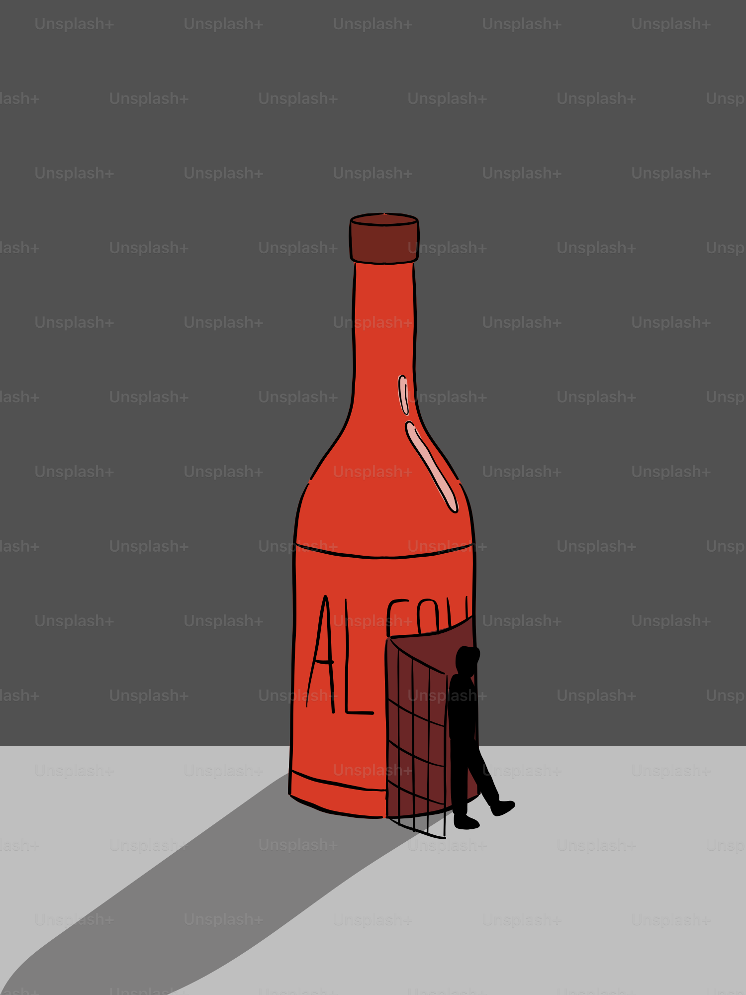 술이라고 적힌 병 안에 갇힌 남자.