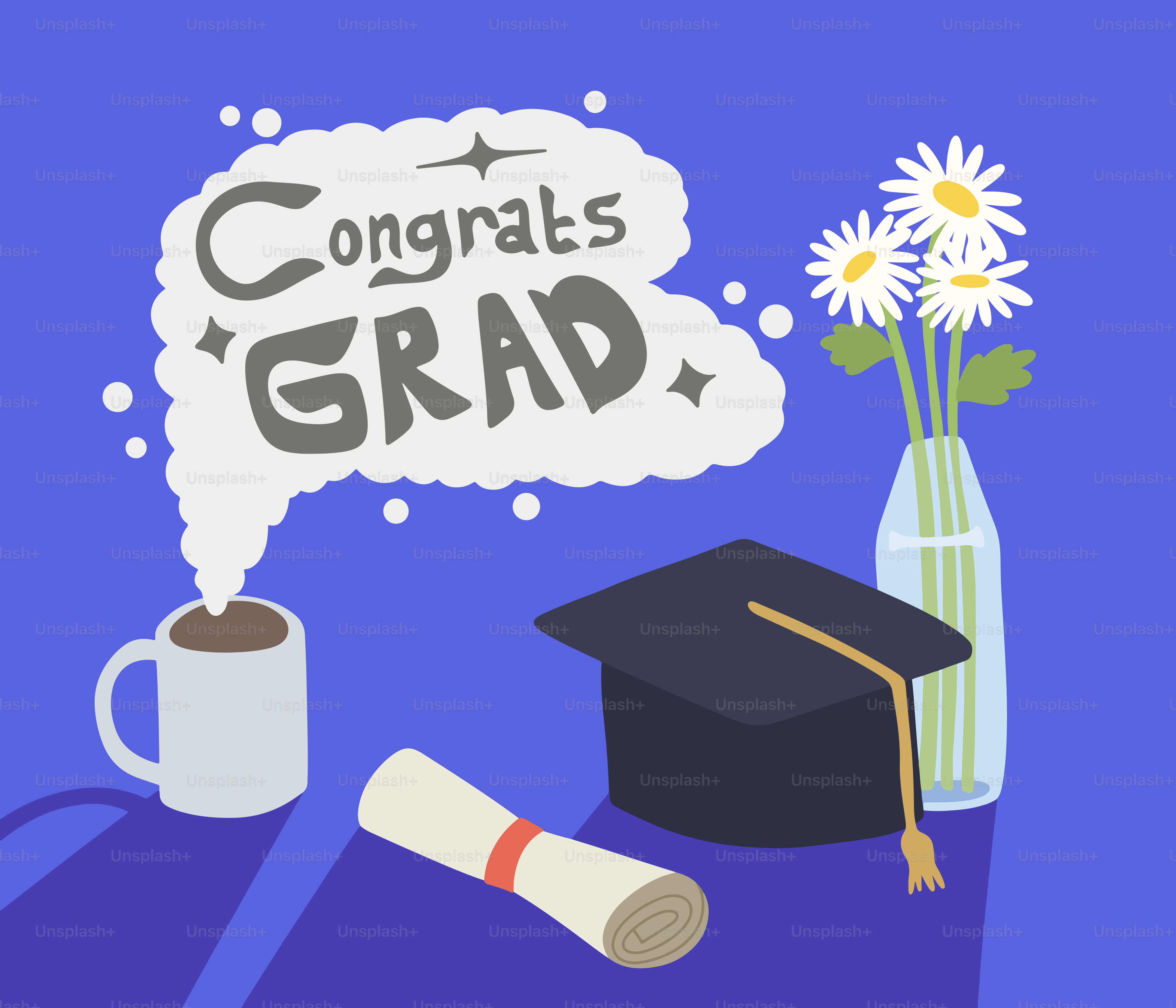 Casquette de remise des diplômes, diplôme et café avec le texte « félicitations à son diplôme ».