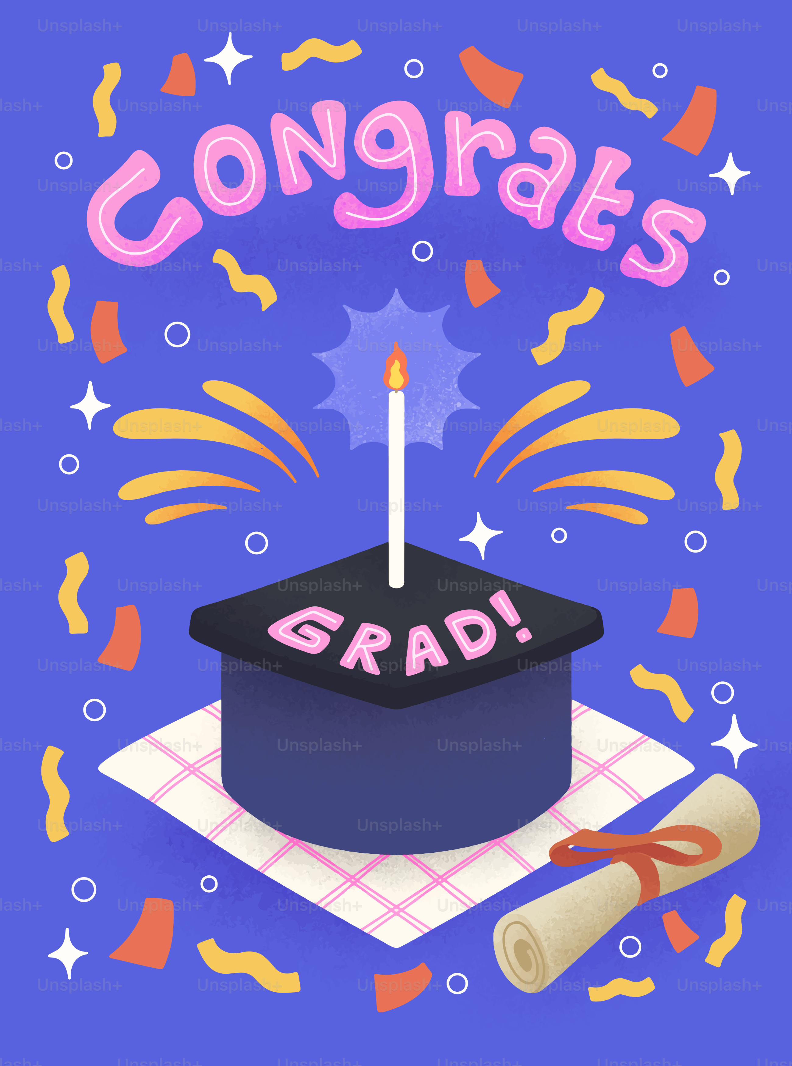 Bonnet de remise des diplômes avec bougie, diplôme et confettis