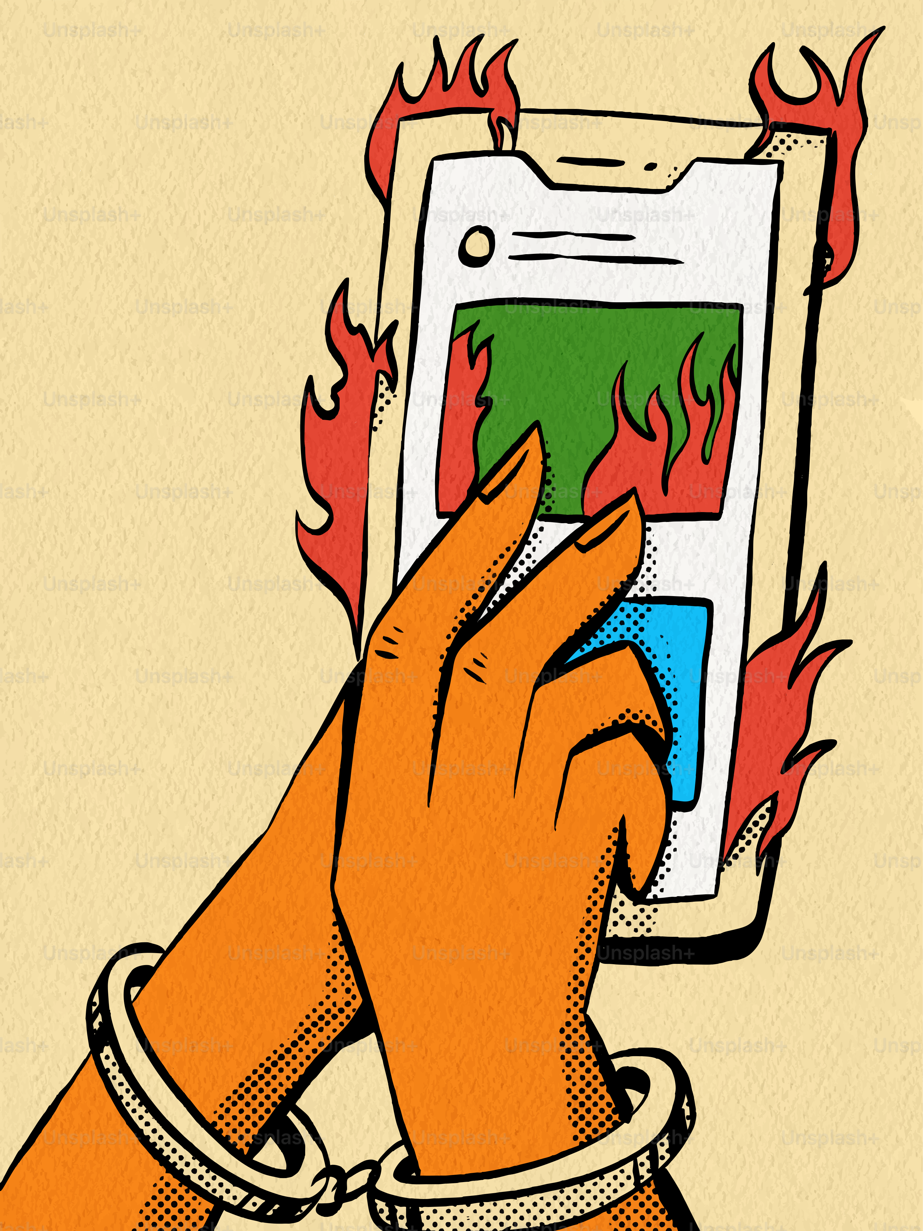 燃えているスマートフォンに手を縛られた