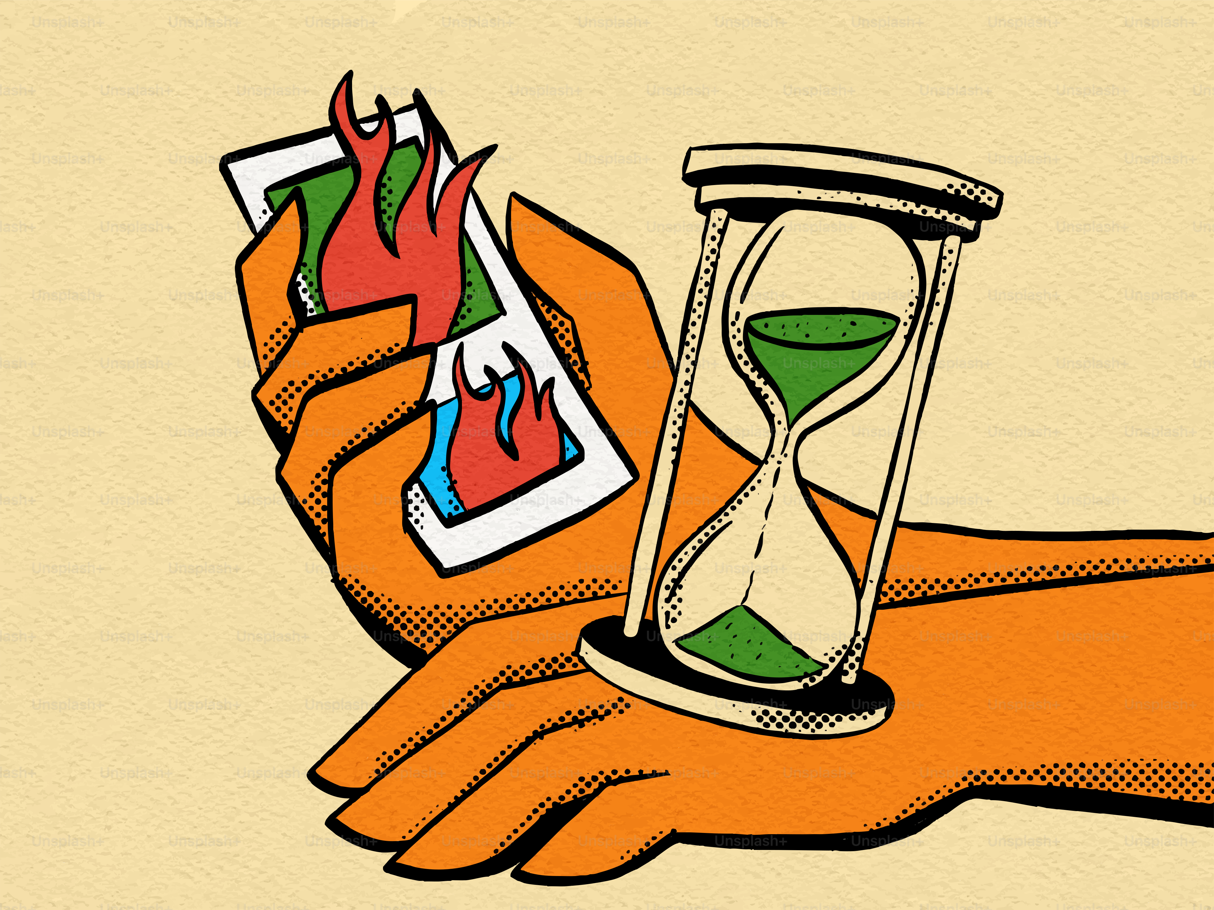 手で燃えた電話を持ち、砂時計が砂時計の上に