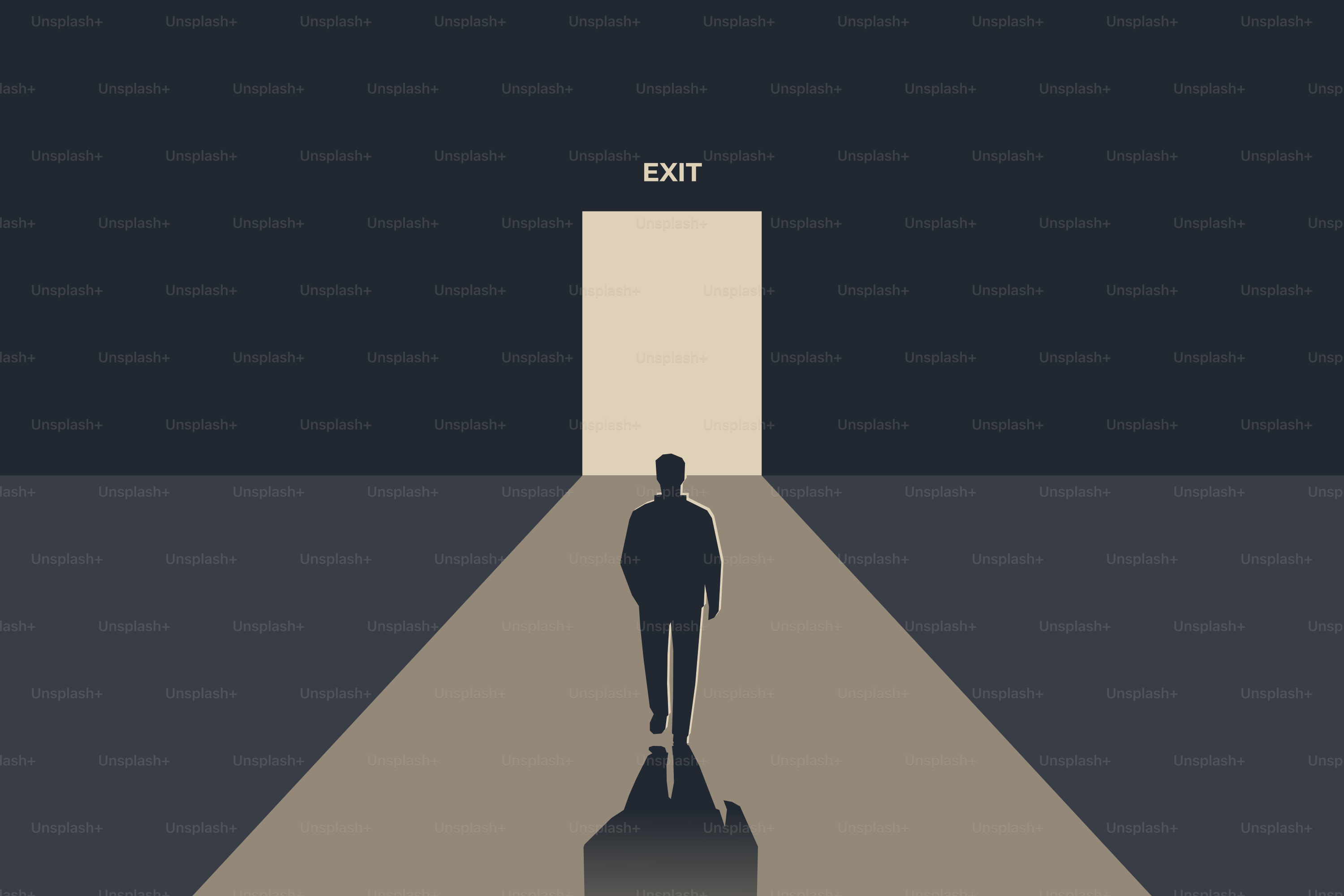 Man walks towards a bright exit door