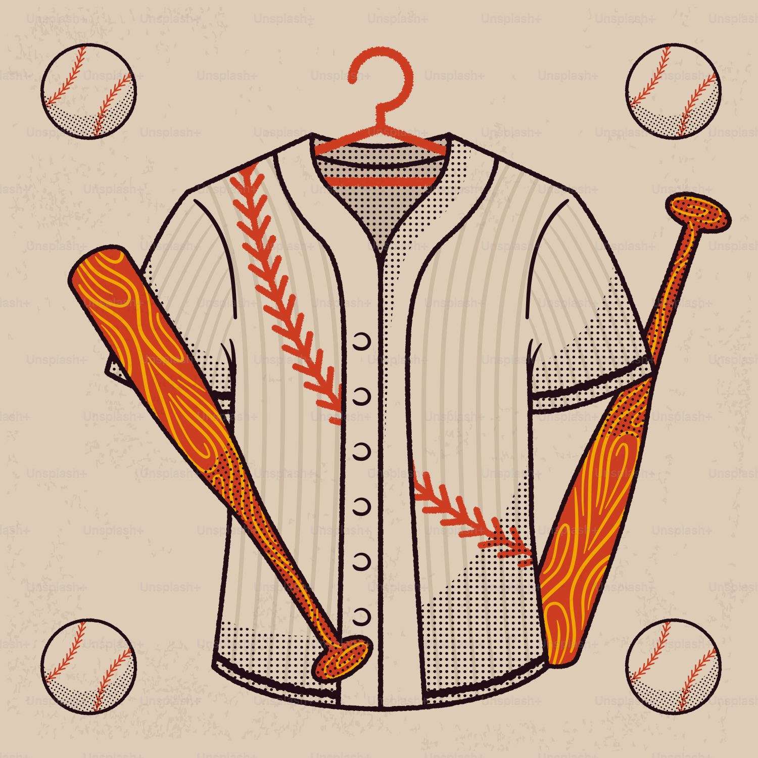 Vintage-Baseballuniform mit Schlägern und Bällen