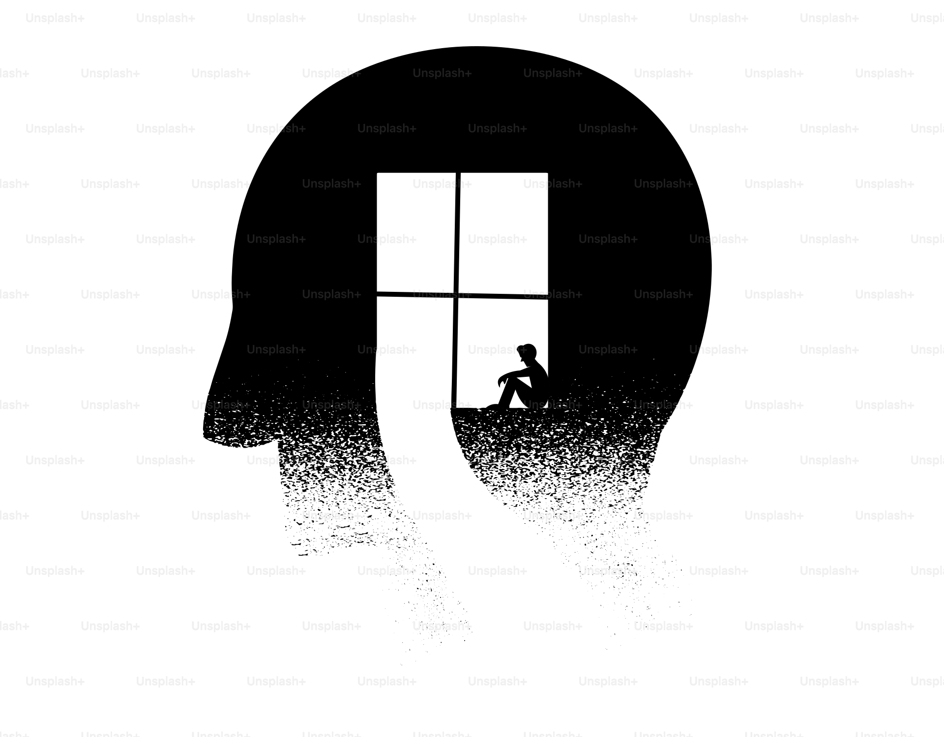 Silhouette einer Person, die aus einem Fenster in einem Kopf blickt