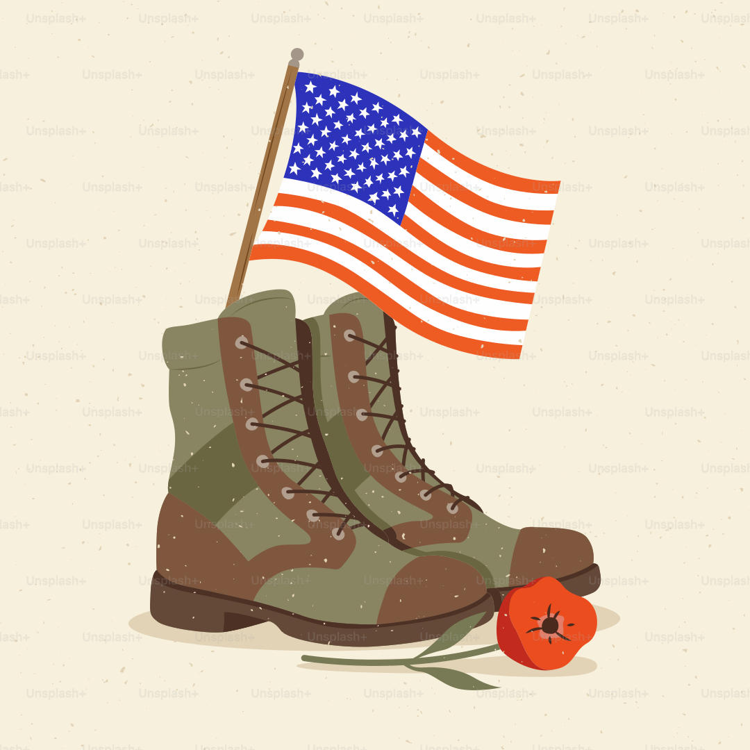 Militärstiefel mit amerikanischer Flagge und Mohn