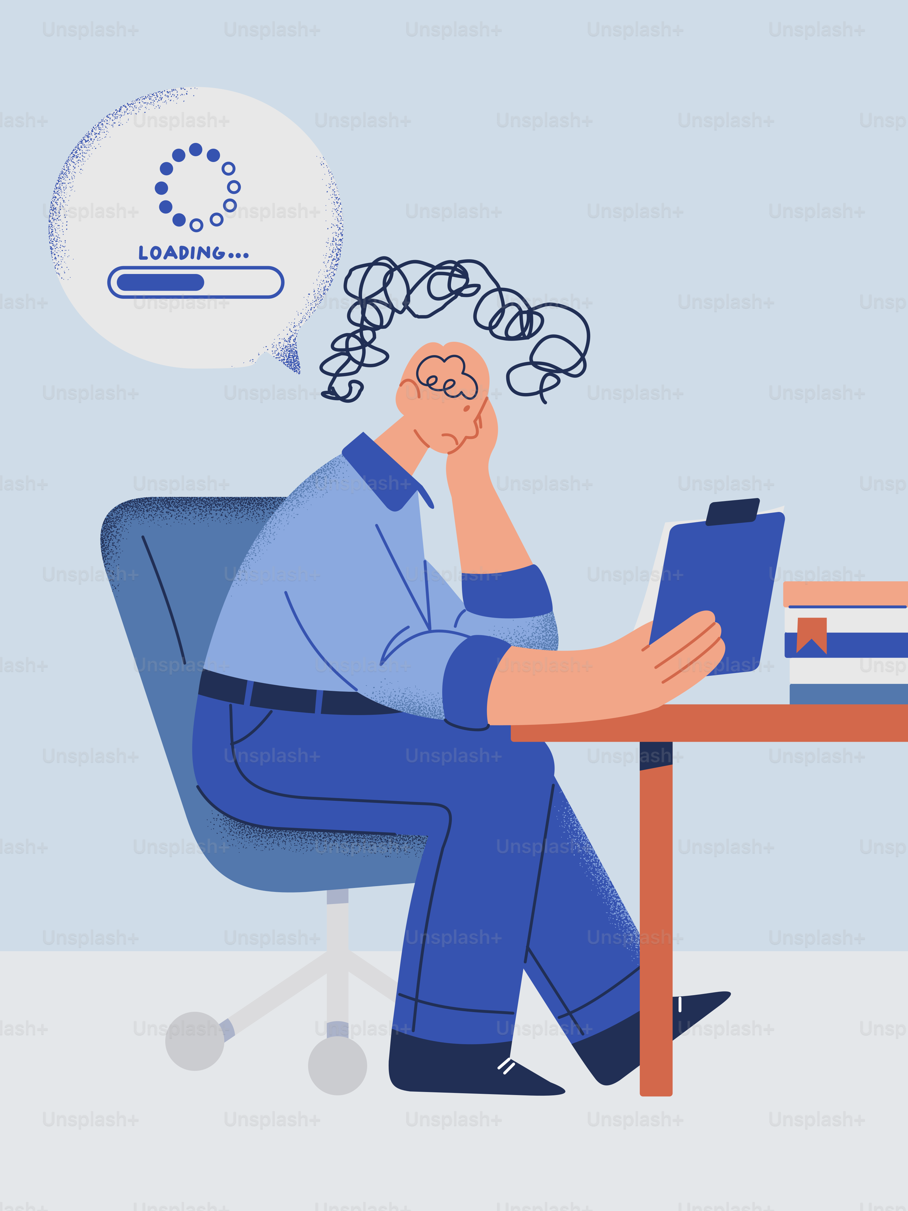 頭上に読み込みアイコンが表示されるストレスを抱えた人物。