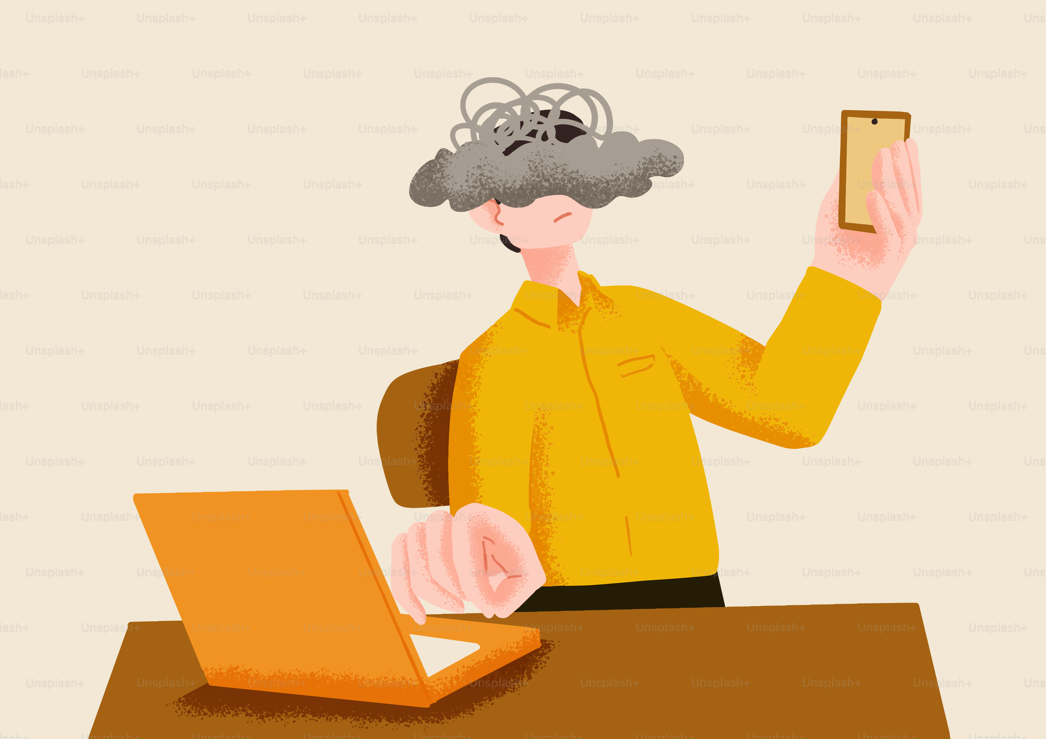 Homem com nuvem no celular usando laptop e celular