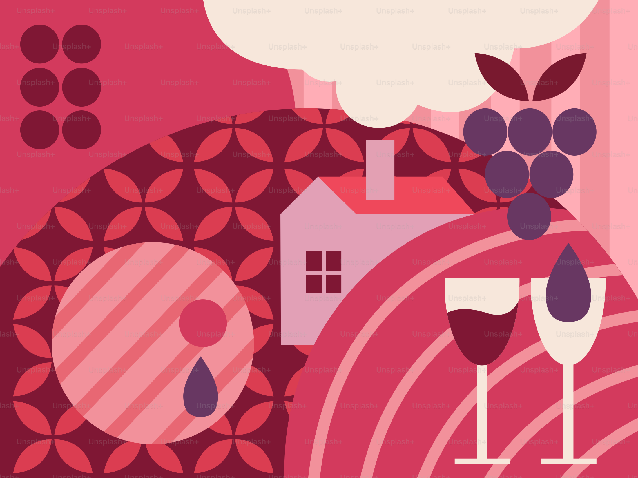 Seni abstrak dengan anggur, anggur, dan rumah.