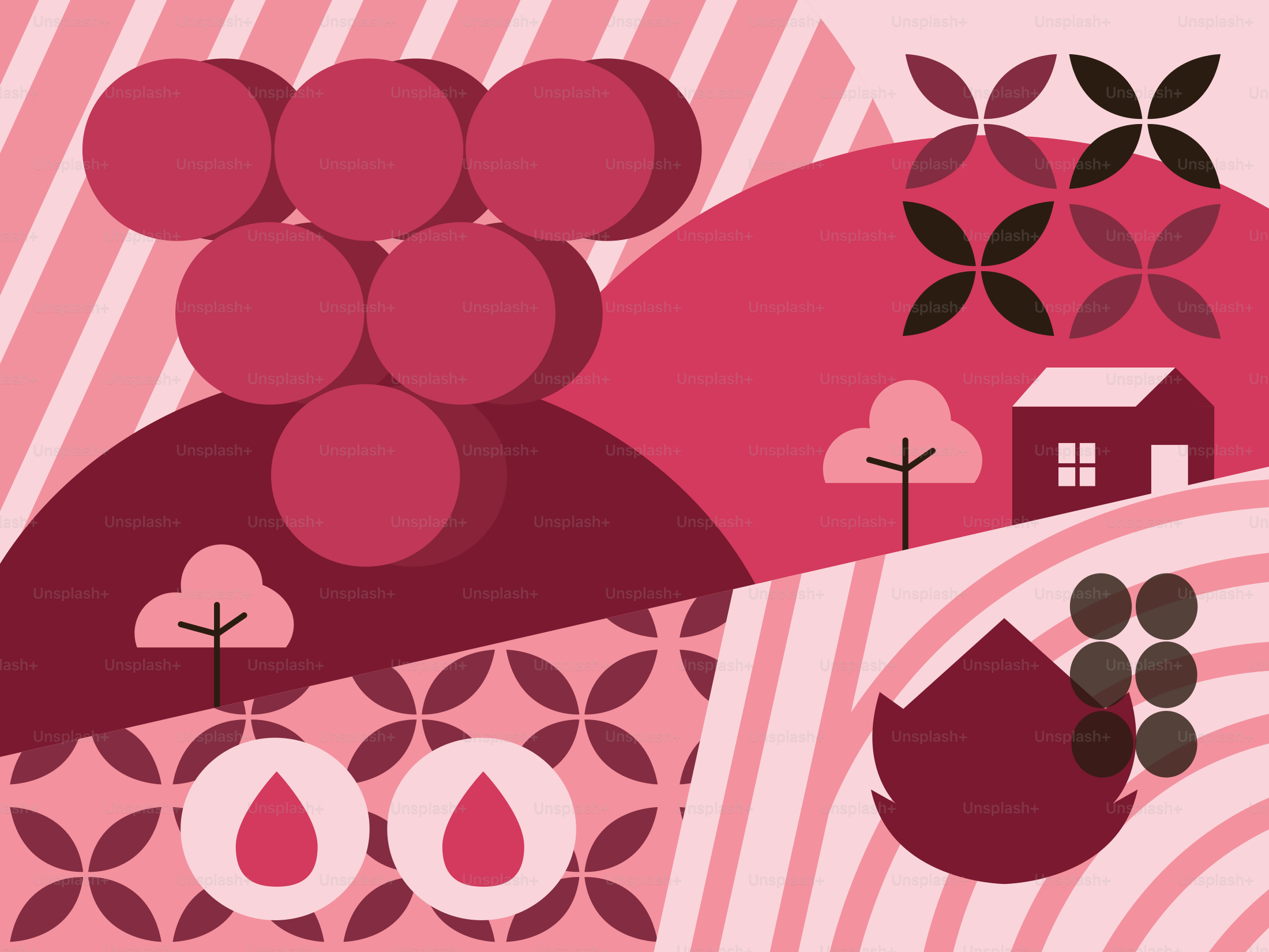 Lanskap abstrak dengan buah dan rumah bergaya