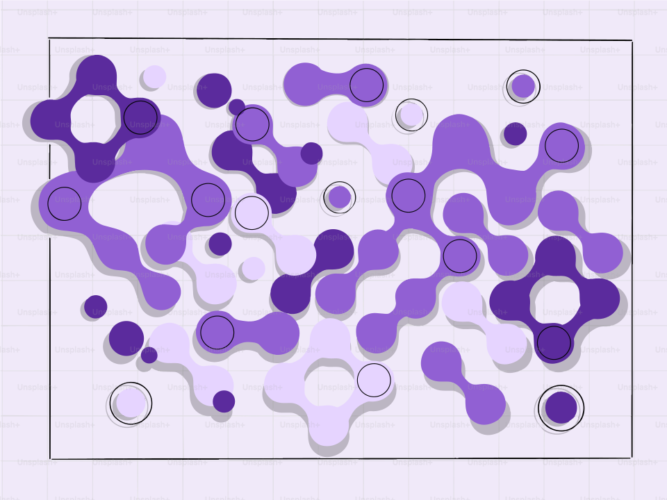 서로 연결된 보라색 모양과 원들의 추상적인 패턴.