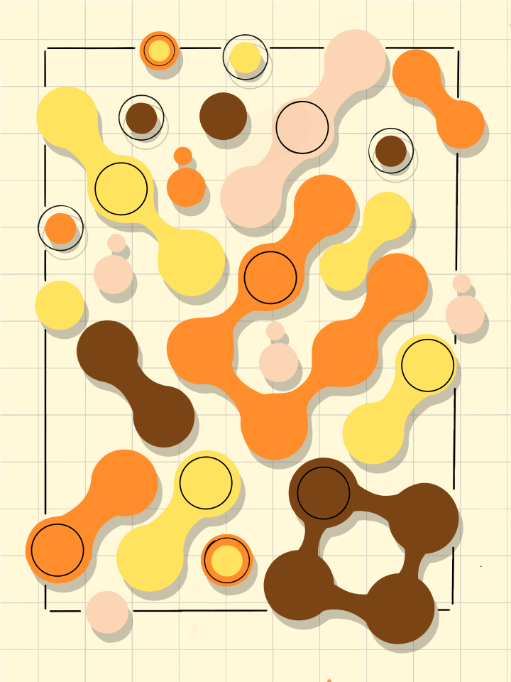 격자 배경 위에 따뜻한 색상의 추상적 유기적 형태들