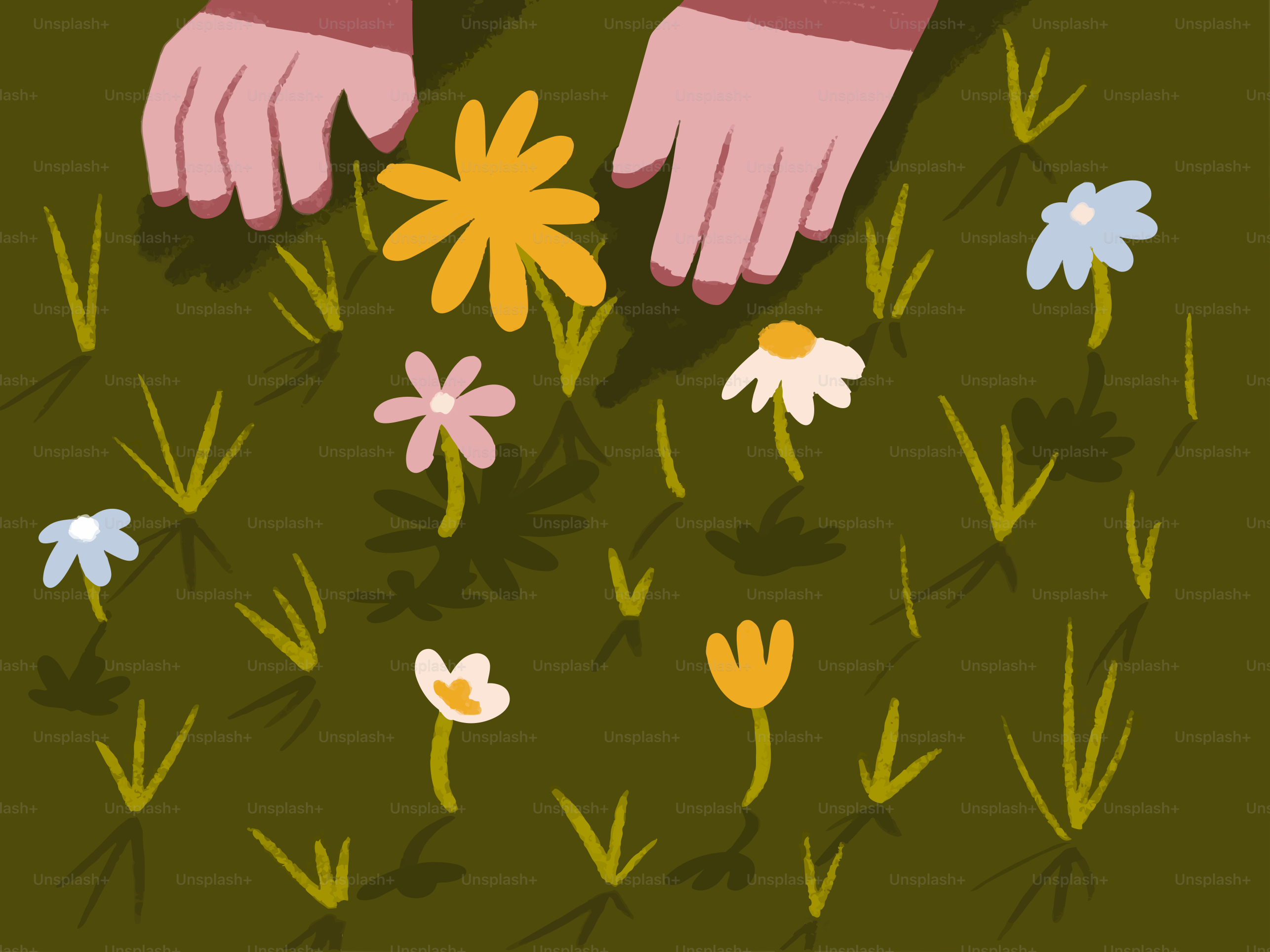 Hände greifen nach Wildblumen auf einem grasbewachsenen Feld.