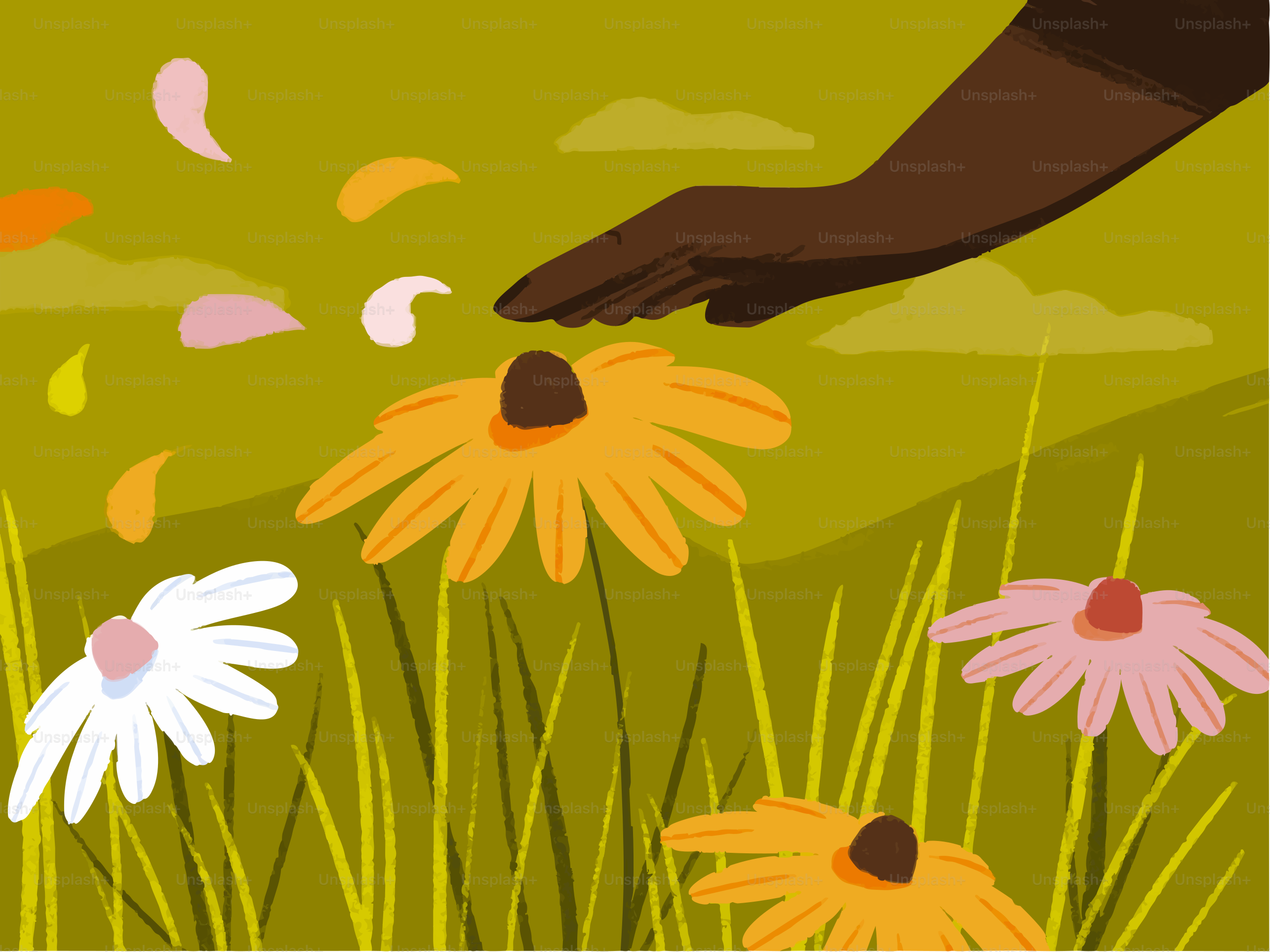 Die Hand greift nach bunten Blumen auf einem Feld