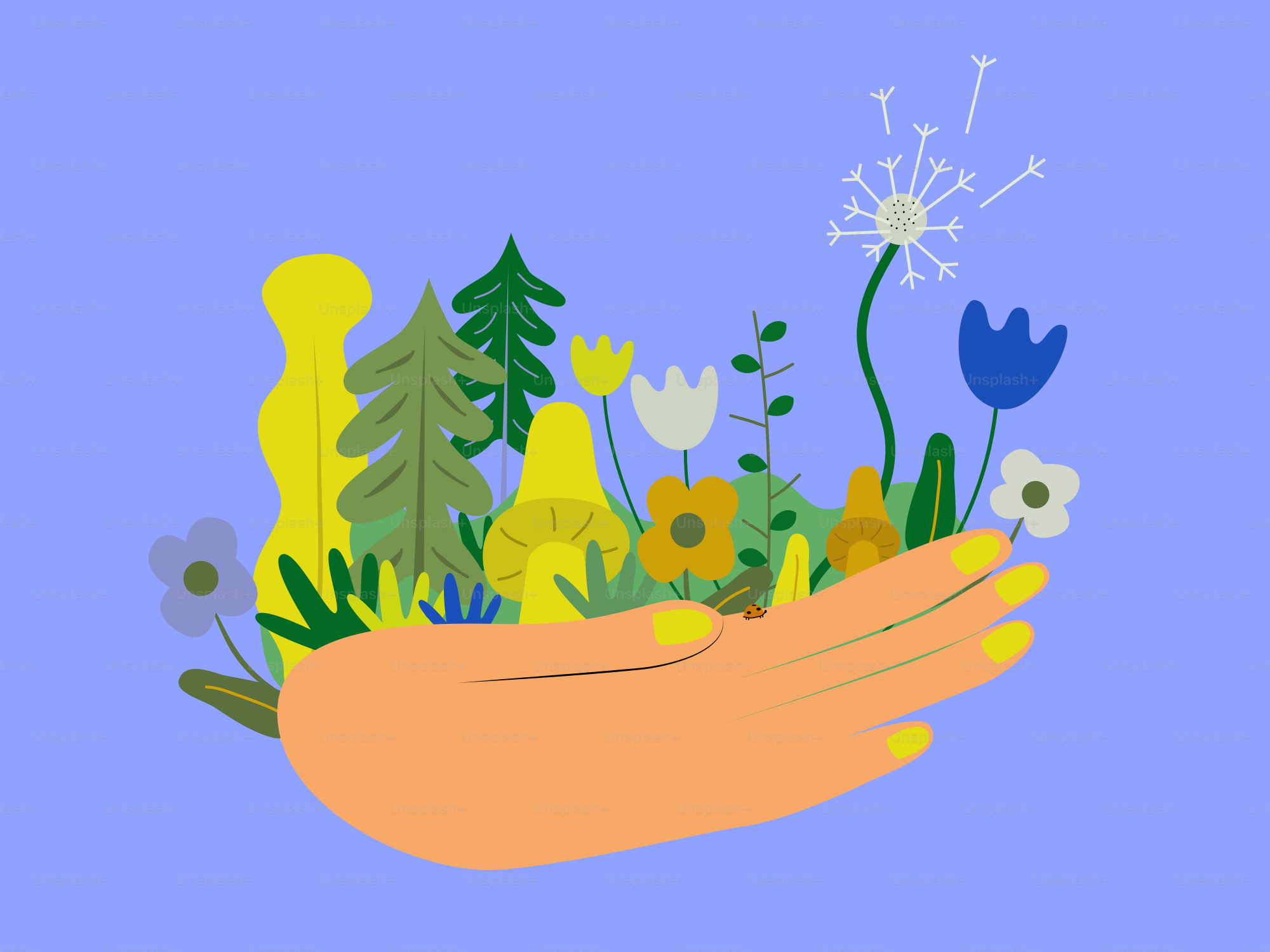 手でスタイライズされた植物や花のコレクションを握っている。