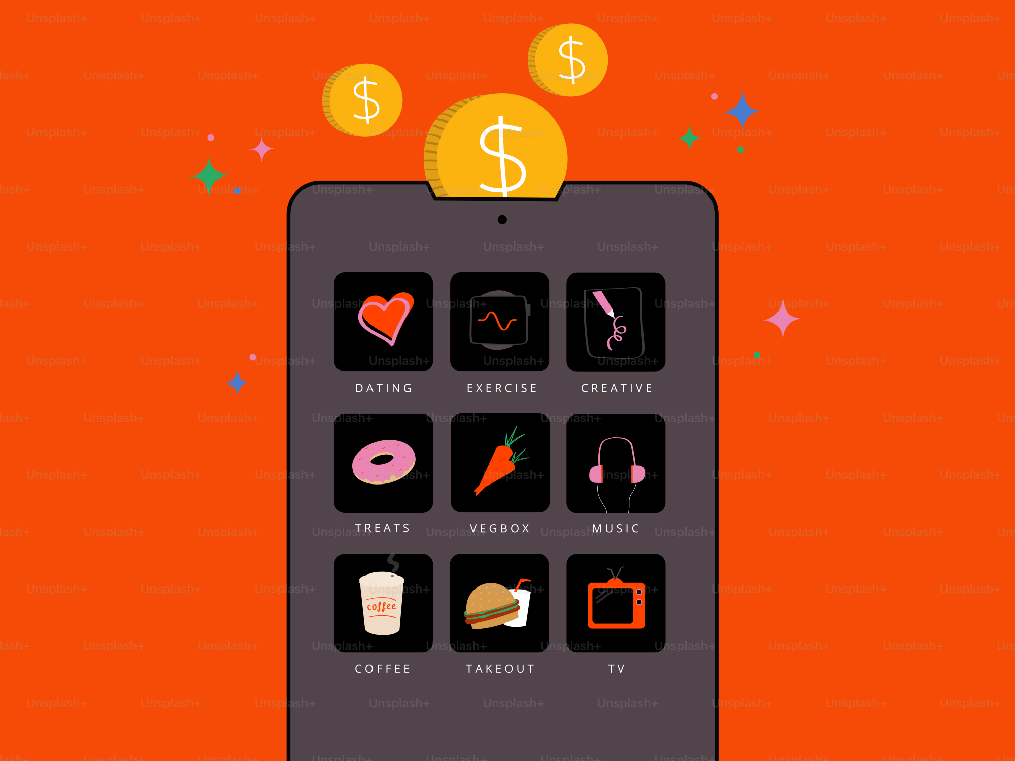 Smartphone exibindo vários ícones de aplicativos com moedas.