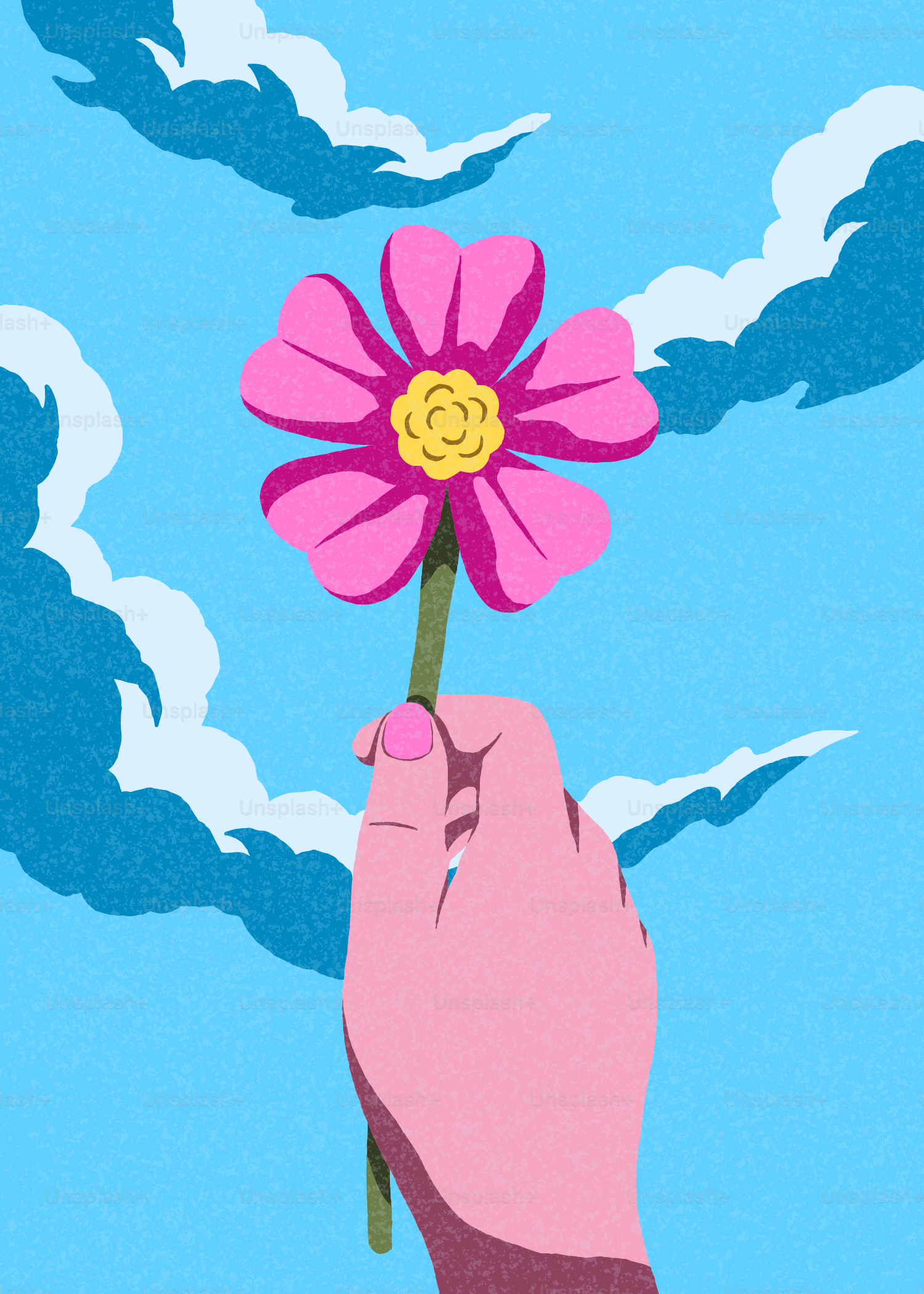 푸른 하늘을 배경으로 분홍 꽃을 손에 쥐고 있다