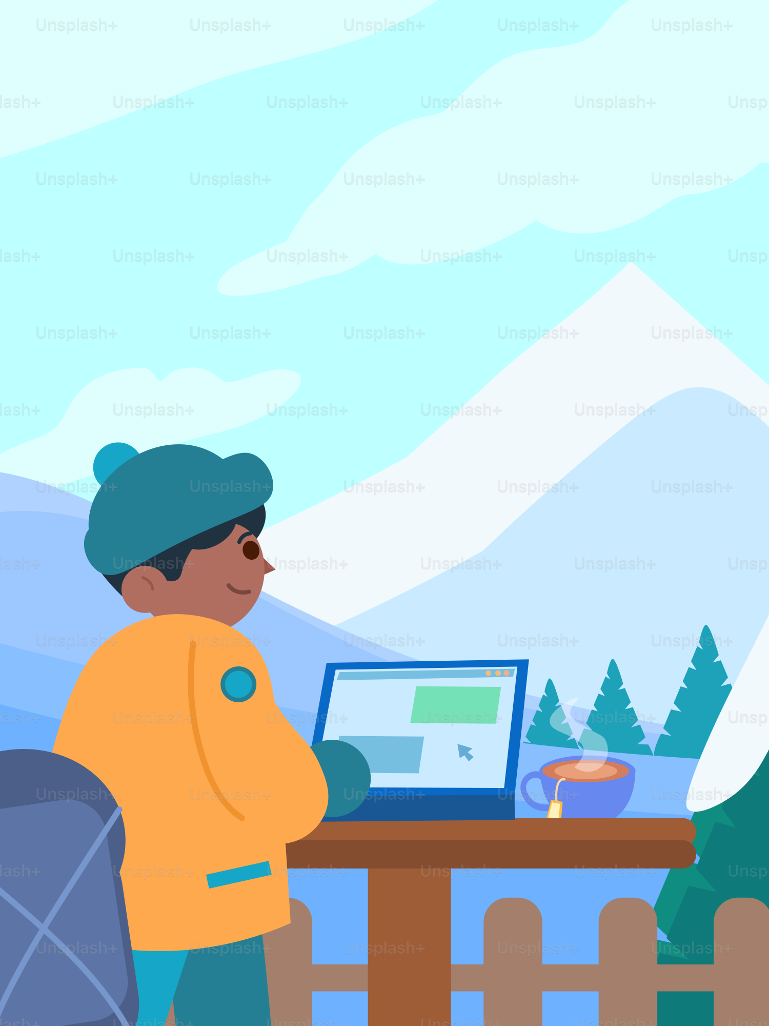 Orang yang bekerja di laptop dengan teh di pegunungan bersalju