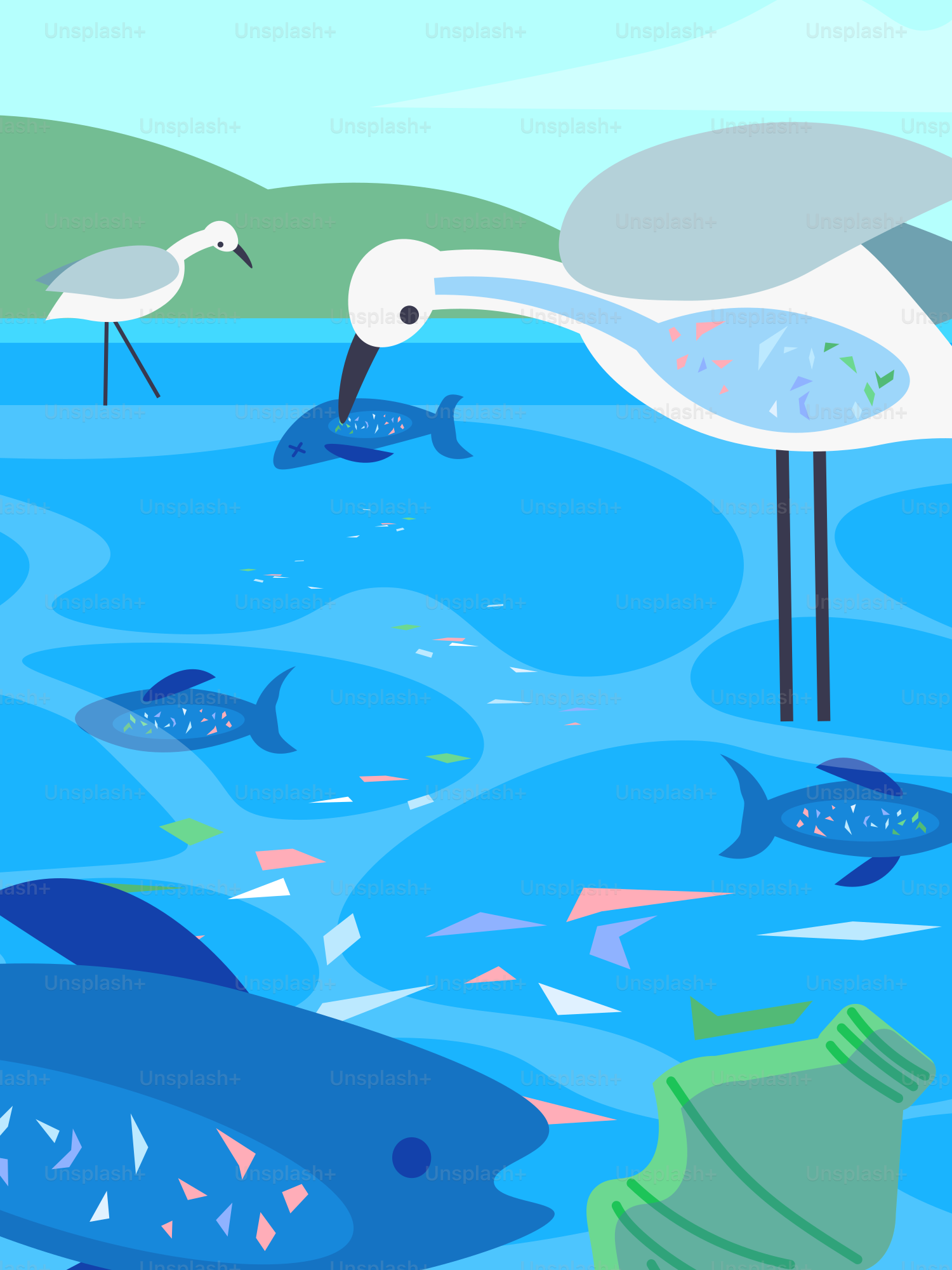 Des oiseaux pêchant dans des eaux polluées avec des débris plastiques.