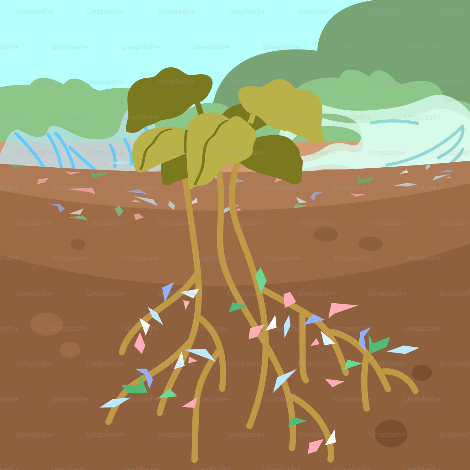 Raízes das plantas absorvendo nutrientes coloridos do solo
