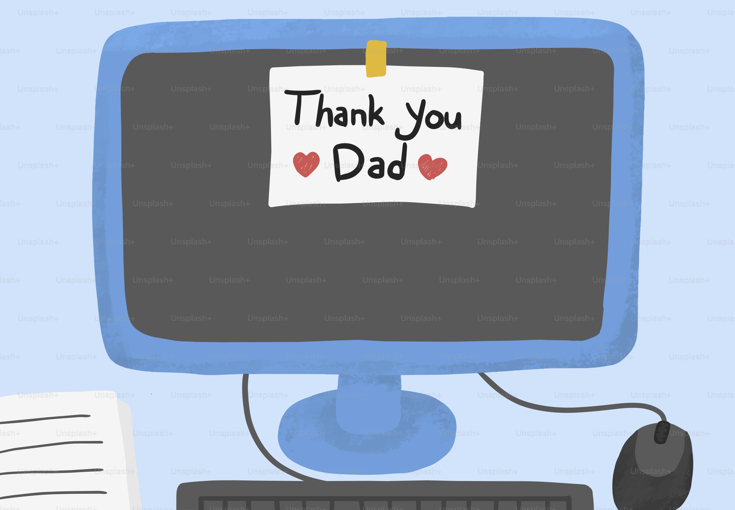 Una nota que dice gracias, papá, en una pantalla de ordenador