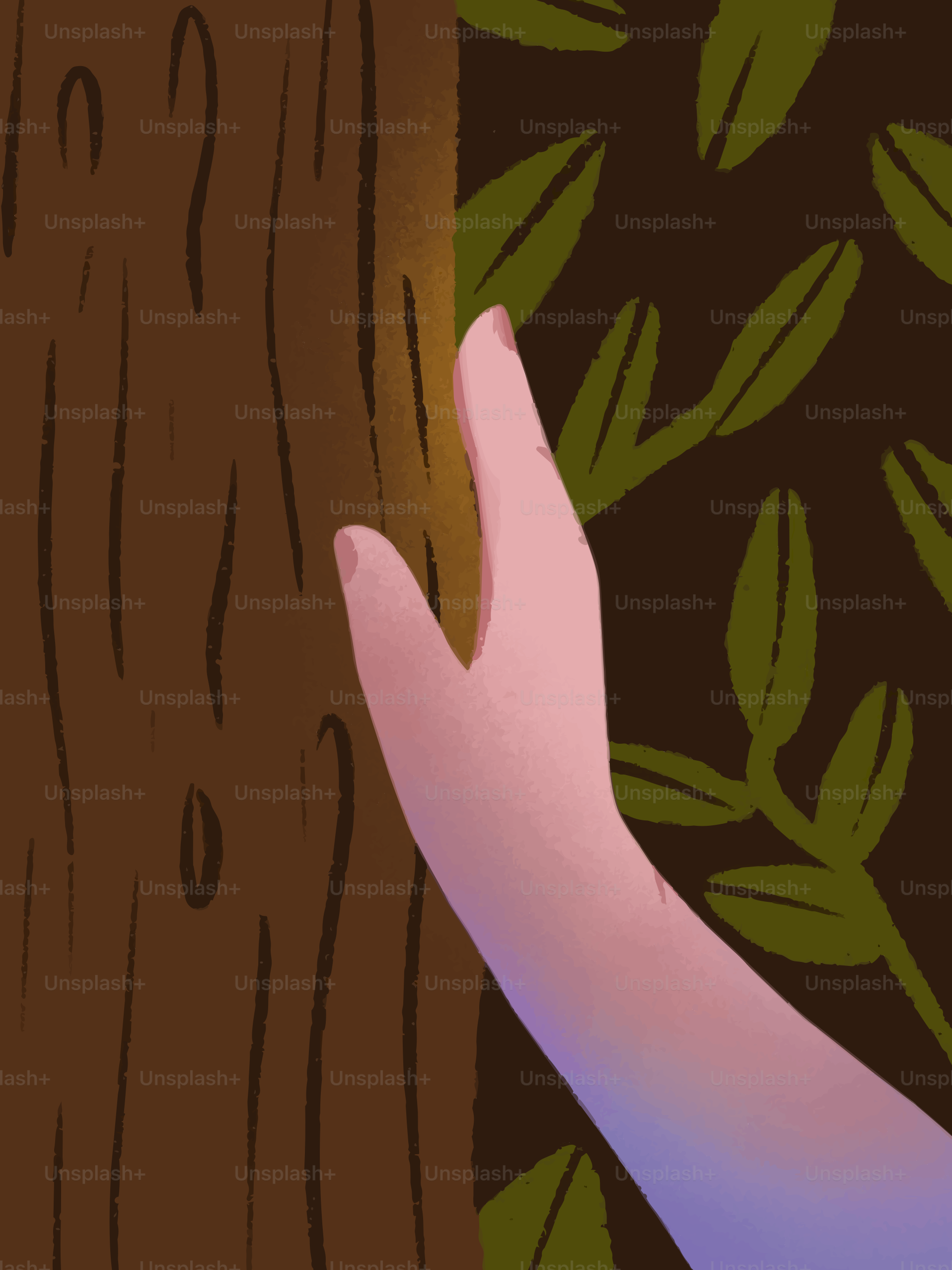 Uma mão toca suavemente um tronco de árvore em uma floresta.