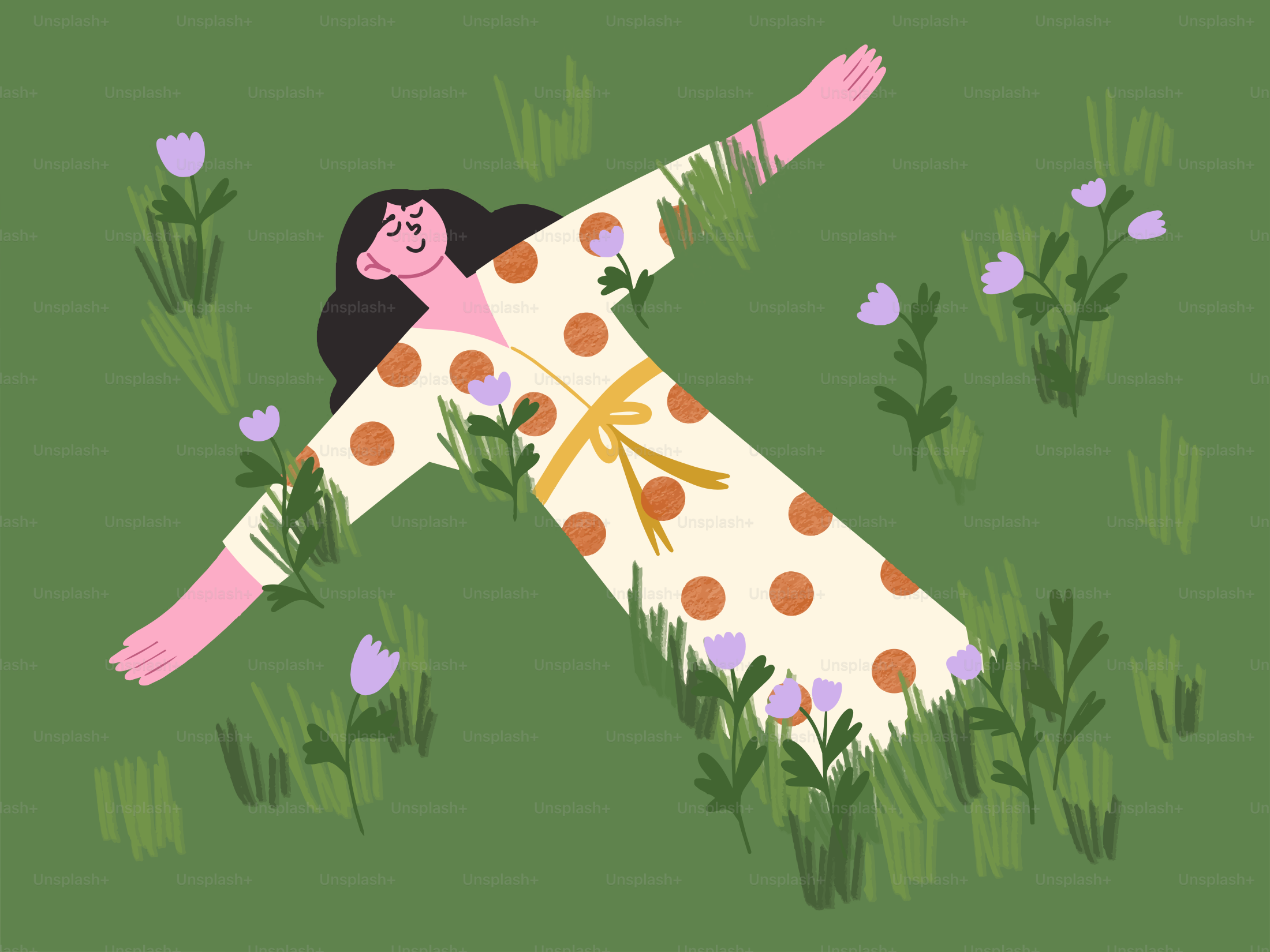 Wanita berbaring di ladang bunga