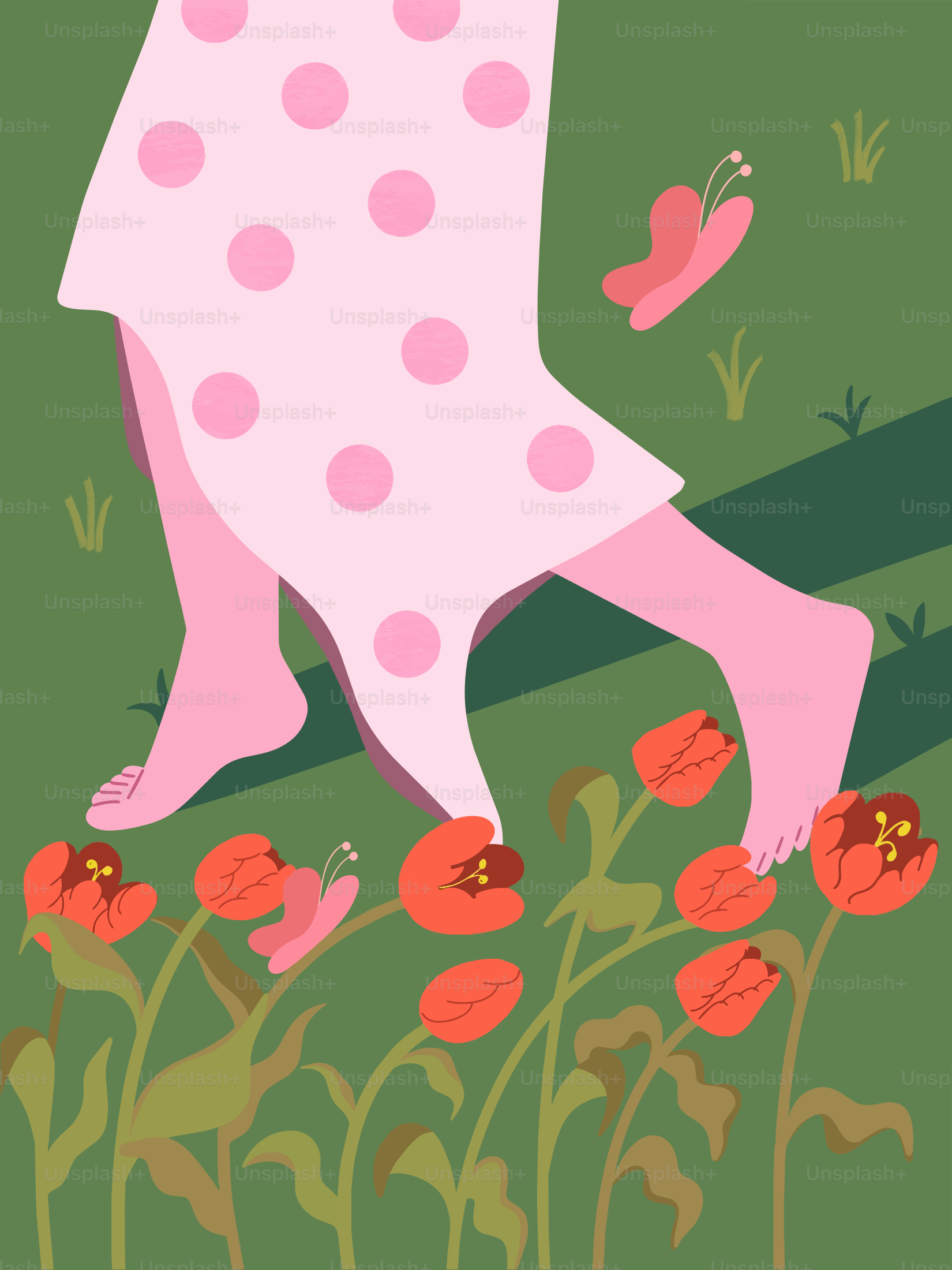Kaki telanjang berjalan melalui tulip dengan kupu-kupu.