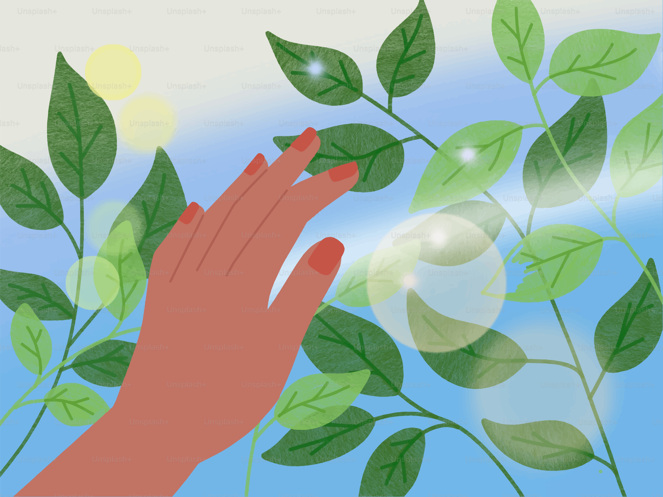 Tangan meraih daun hijau dengan sinar matahari.