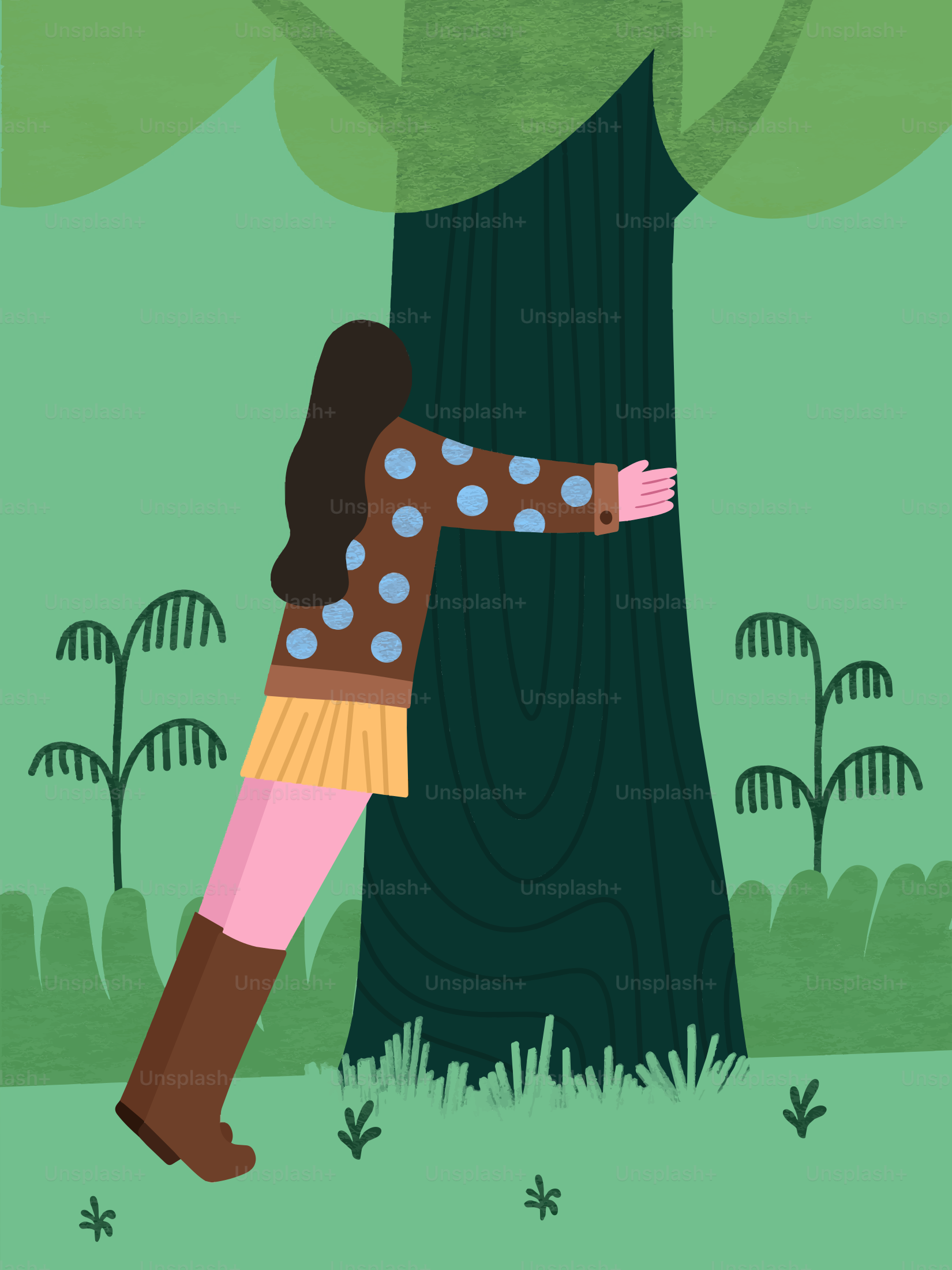 Wanita memeluk pohon besar di hutan hijau.