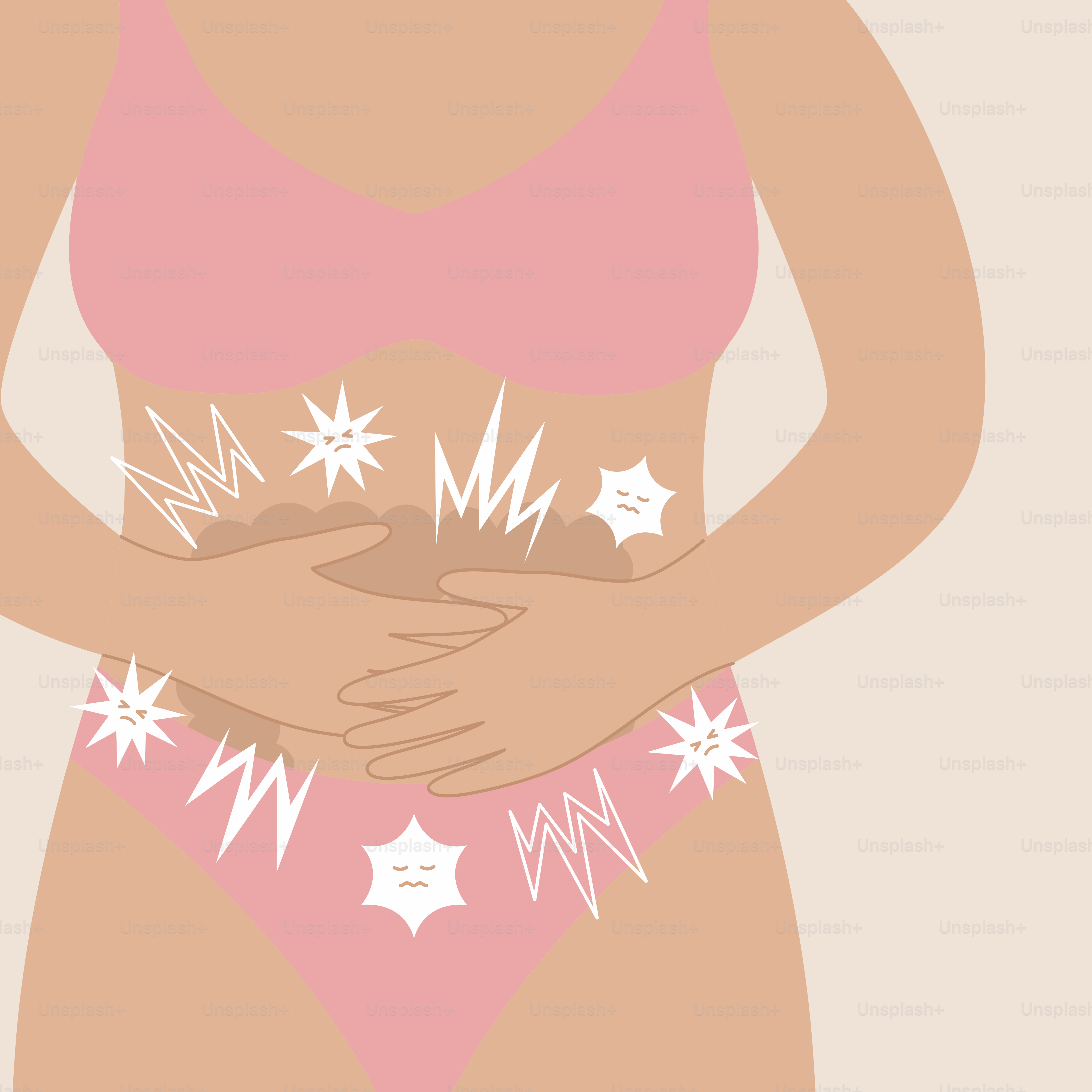 Woman holding stomach with pain symbols