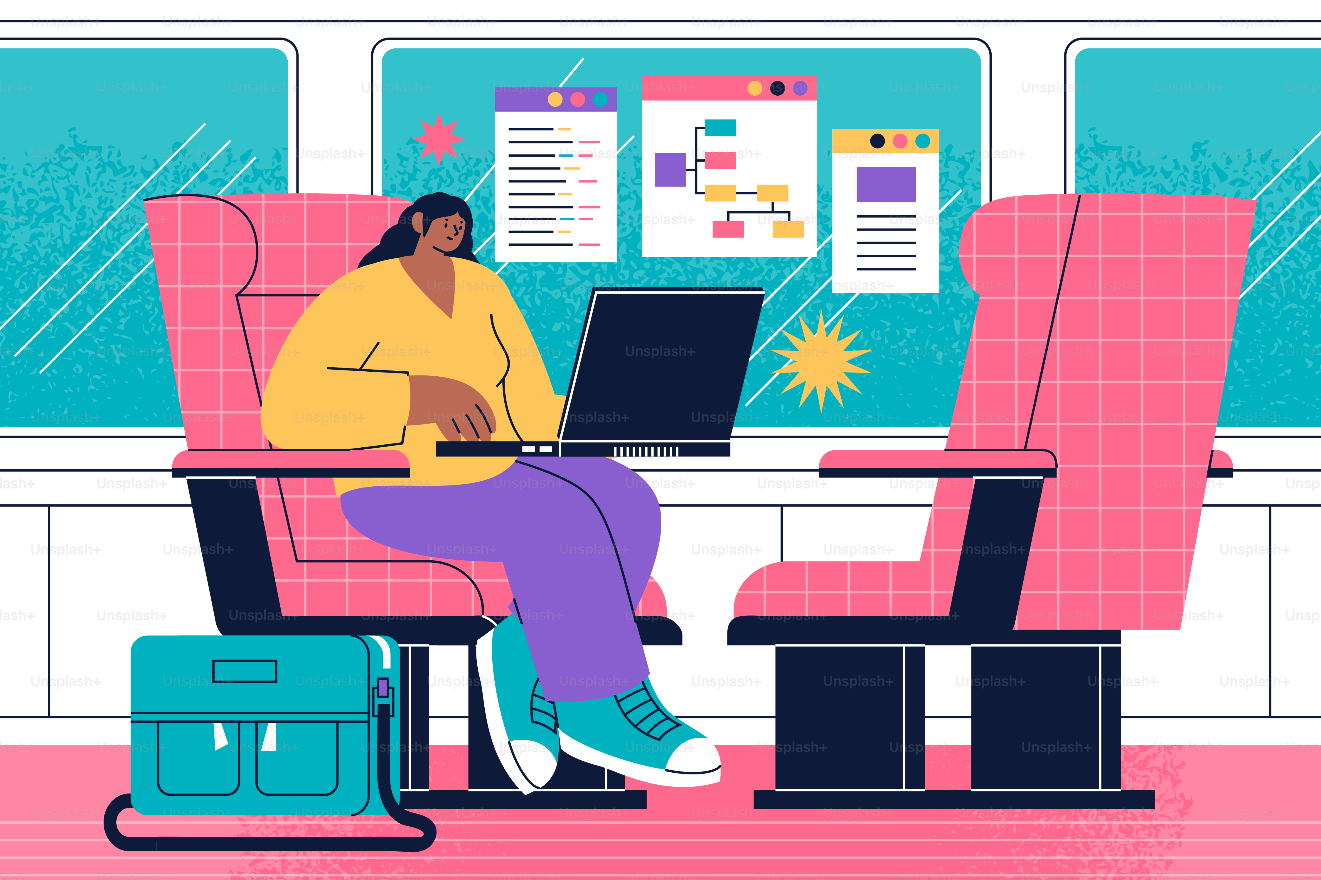 Mujer trabajando en un portátil en un tren