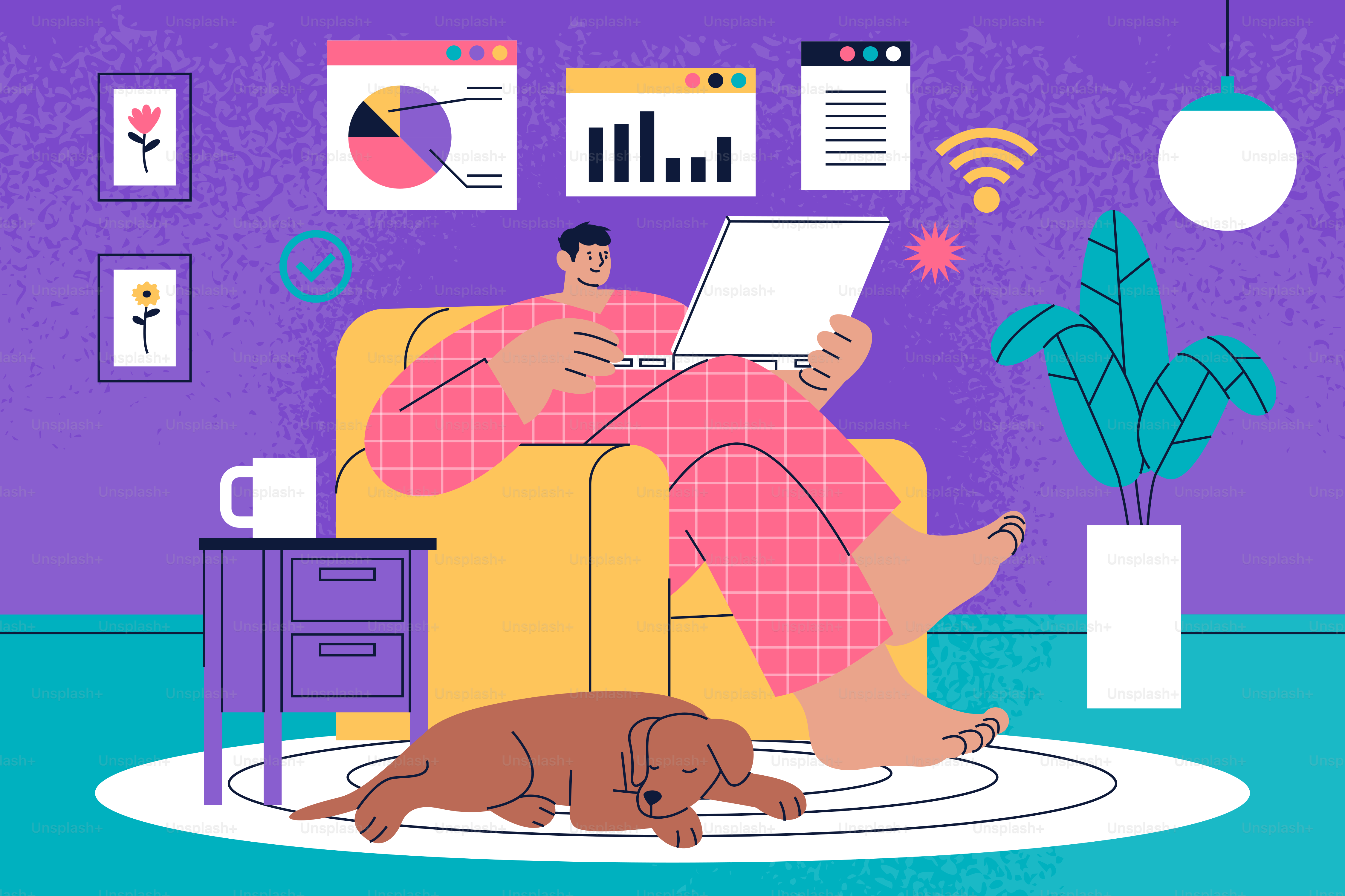 Hombre trabajando en un portátil con perro durmiendo cerca