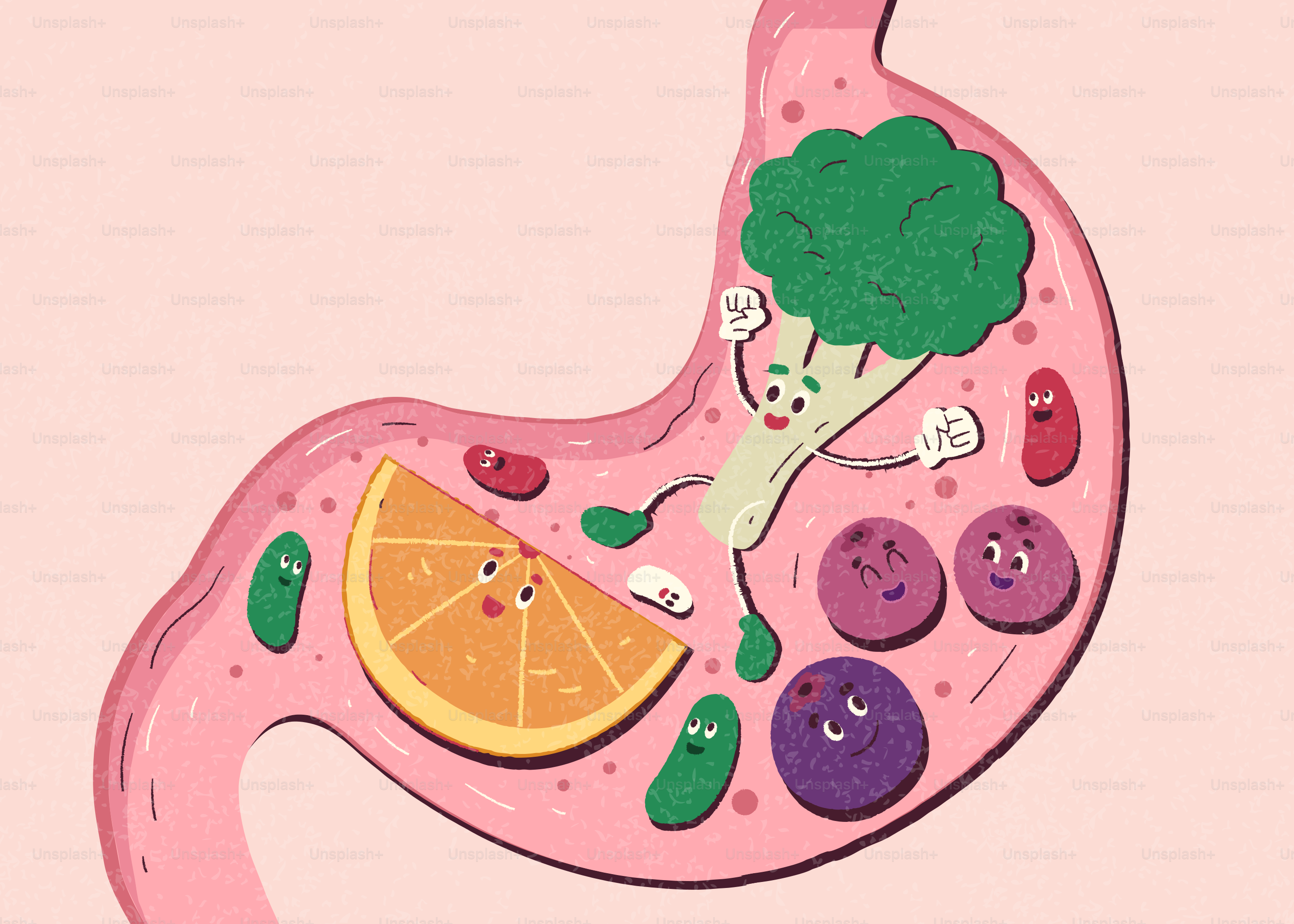 Stomaco da cartone animato pieno di personaggi di cibo sano